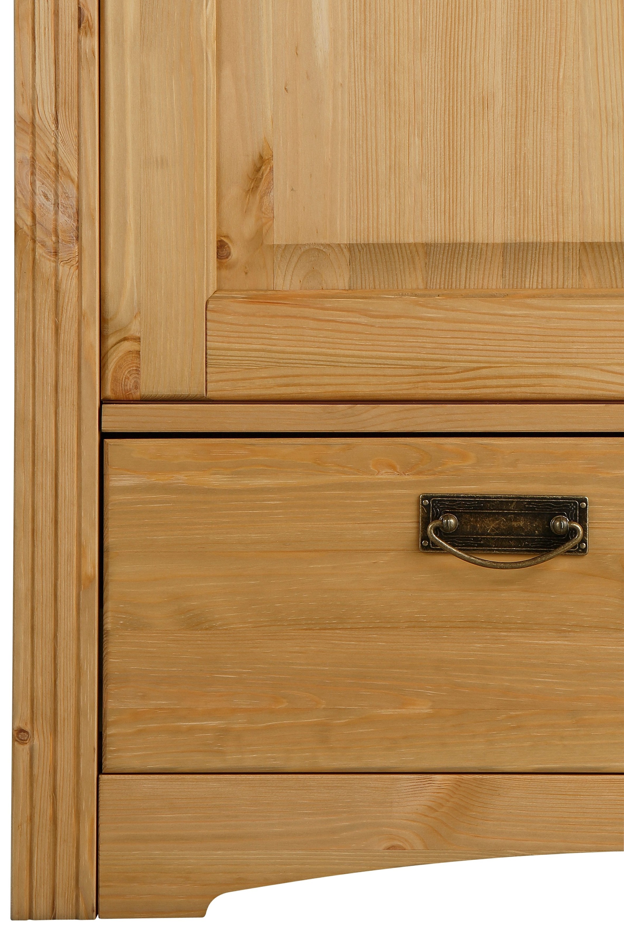 Home affaire Schiebetürenschrank »Konrad, Landhausstil, rustikal, mit Schubladen + Spiegel, Kassetten«, (3 Breiten: 153/202/249 cm H/T ca.207/64 cm), massive Kiefer, FSC®-zertifiziert, Messinggriffe, mehrere Varianten