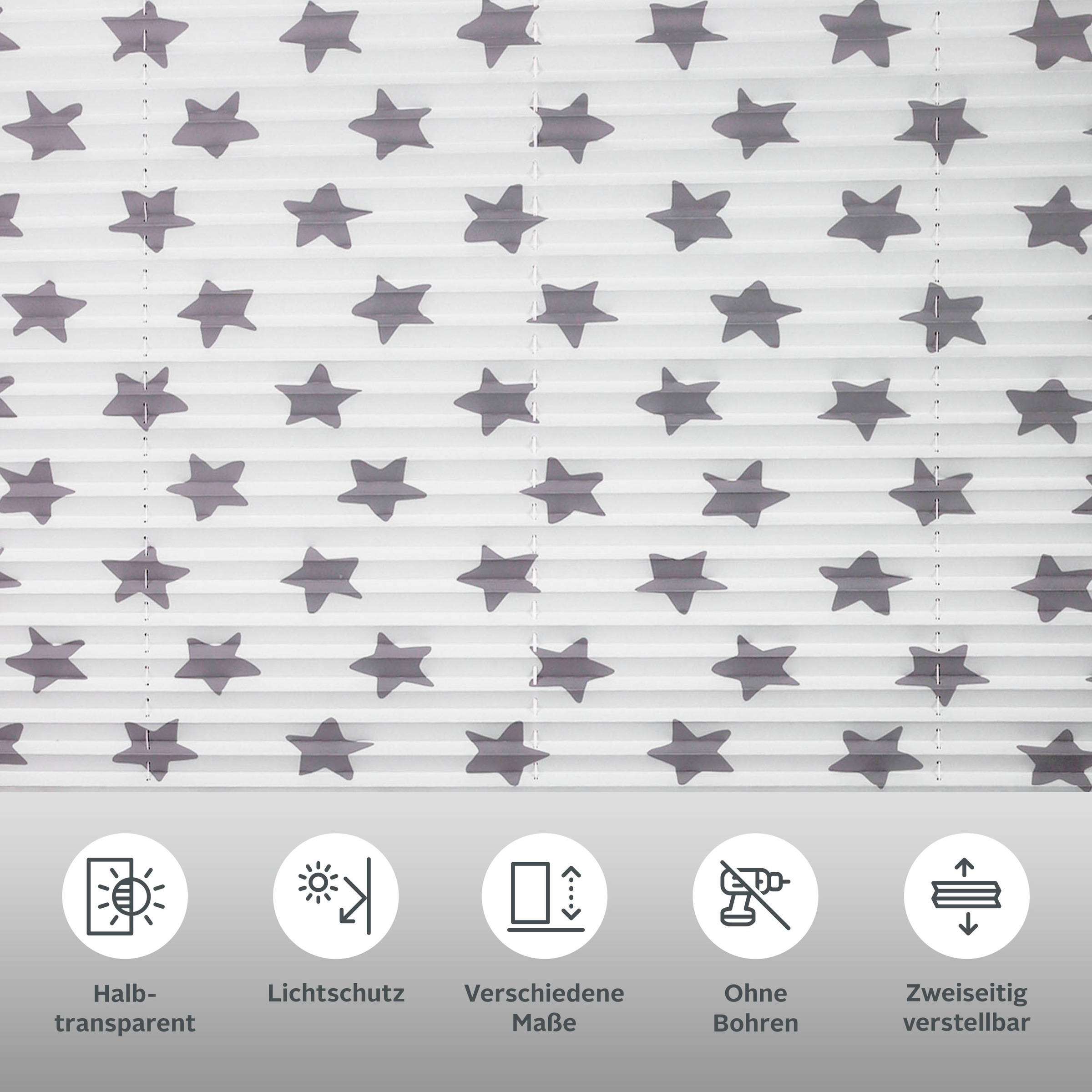 Thumbnail - Lüttenhütt Plissee "Stern" Lichtschutz ohne Bohren verspannt im Fixmaß, mit Sternen bedruckt