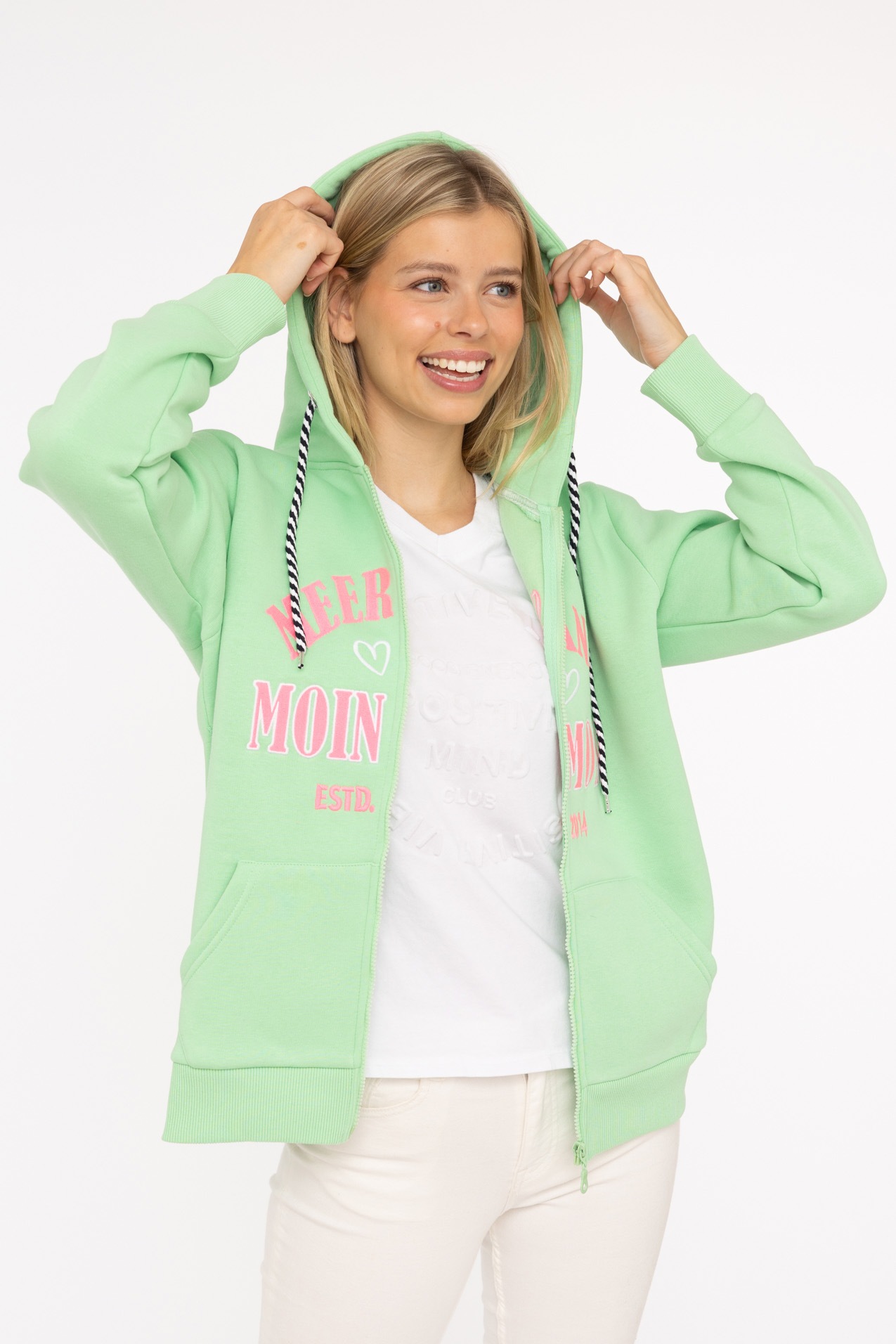 Thumbnail - Zwillingsherz Sweatjacke ""Moin Moin"" Kapuze, Langarm, Reißverschluss, modisch, maritim, Kordelzug