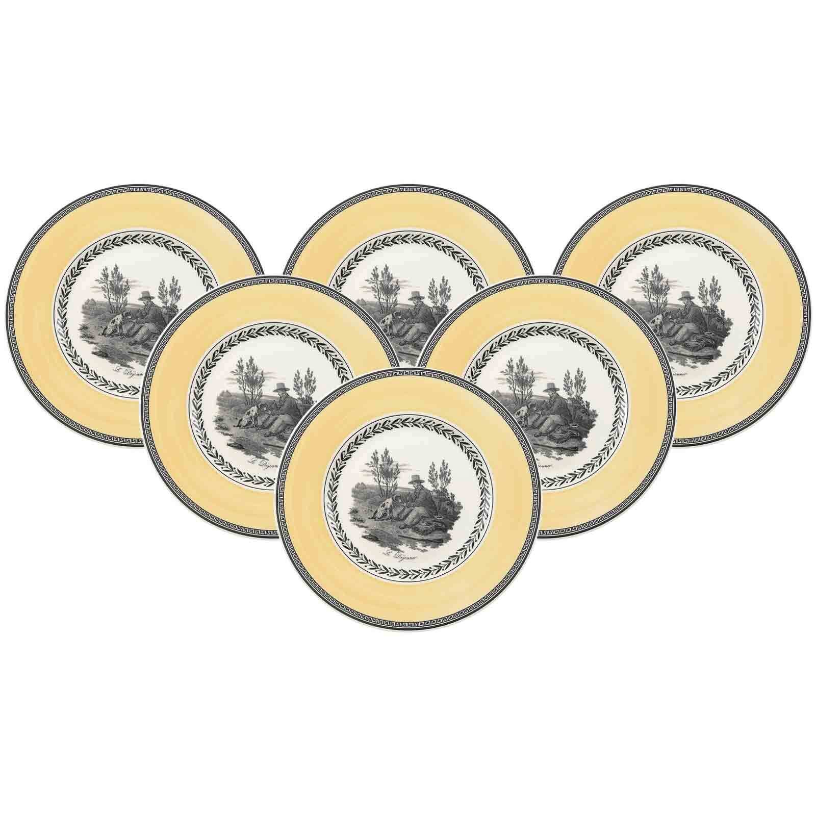 VILLEROY & BOCH Frühstücksteller "Frühstücksteller Audun Chasse ø 21,6 cm 6er Set weiß-grau-gelb", bunt, Speiseteller