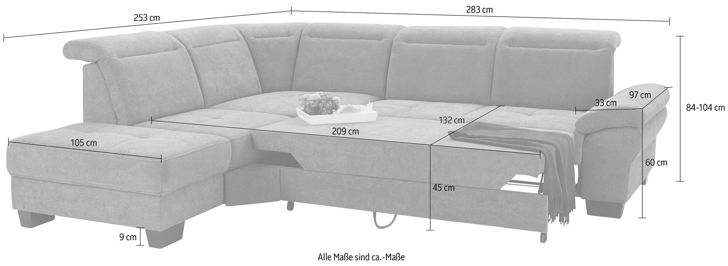 Places of Style Ecksofa »Cornwall L-Form«, incl. Sitztiefenverstellung, mit Bettfunktion und Kopfteilverstellung
