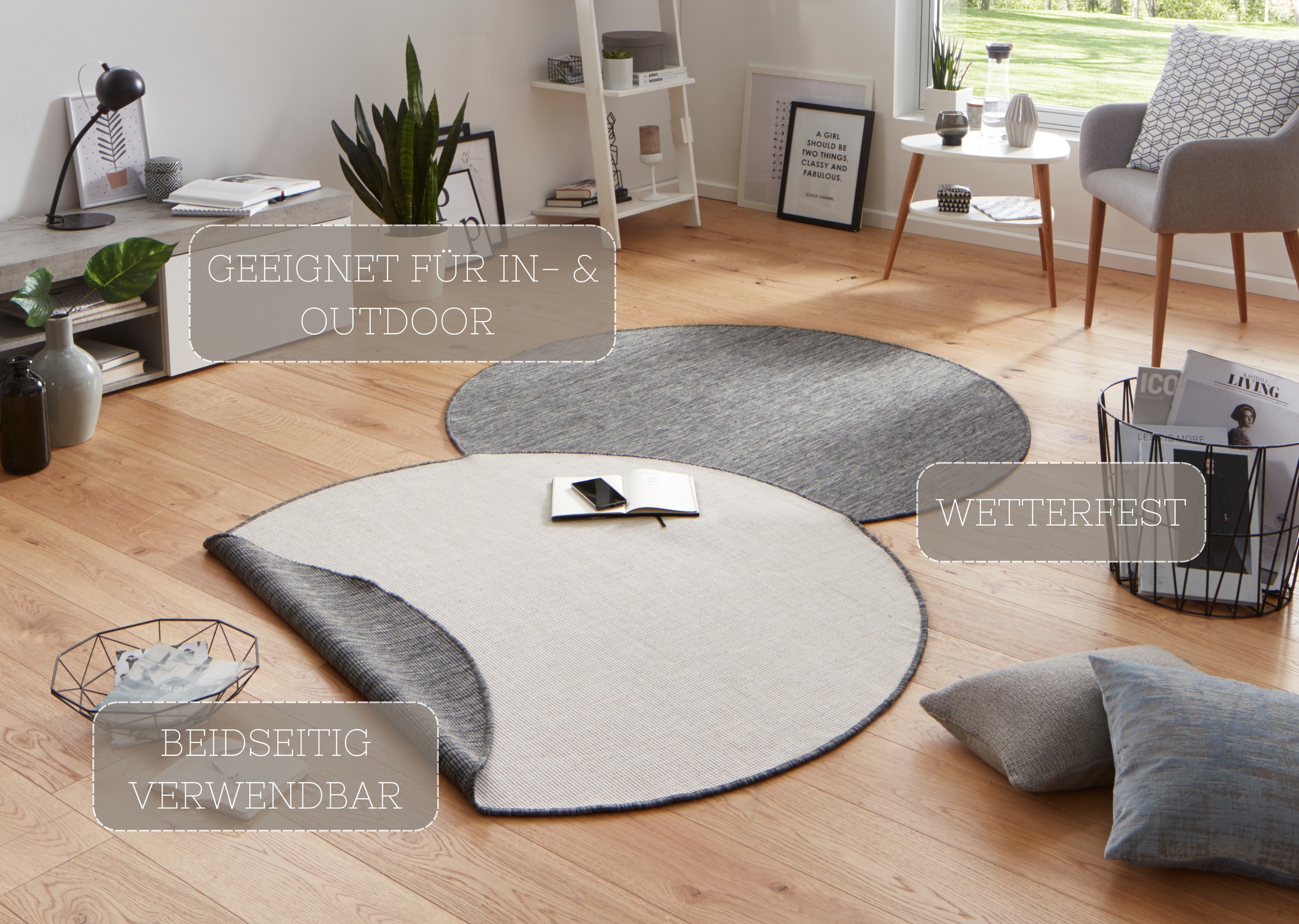 NORTHRUGS Teppich »Miami Wendeteppich«, rund, 5 mm Höhe, In-& Outdoor, Wetterfest, Balkon, Garten, Wohnzimmer, Wasserfest