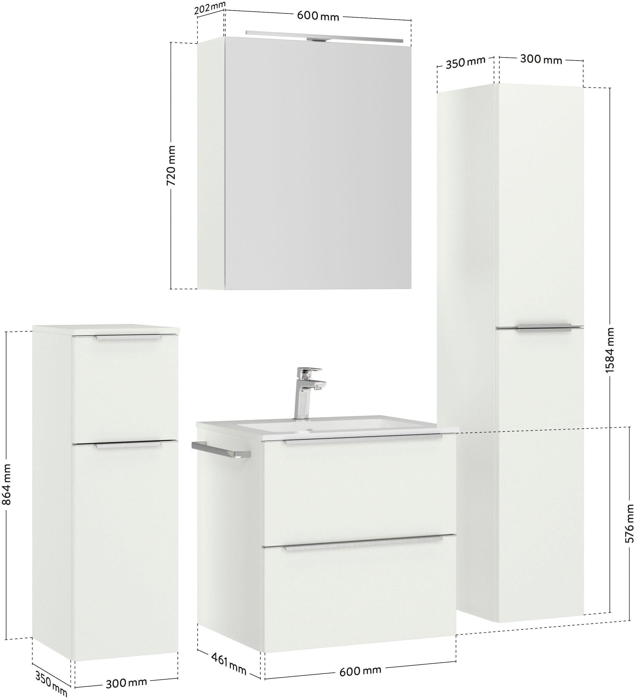 nobilia® Badmöbel-Set »Levere«, (4 St., vormontiert, mit Soft-Close), inkl. Spiegelschrank mit Beleuchtung und Dimmerfunktion, in 4 Breiten