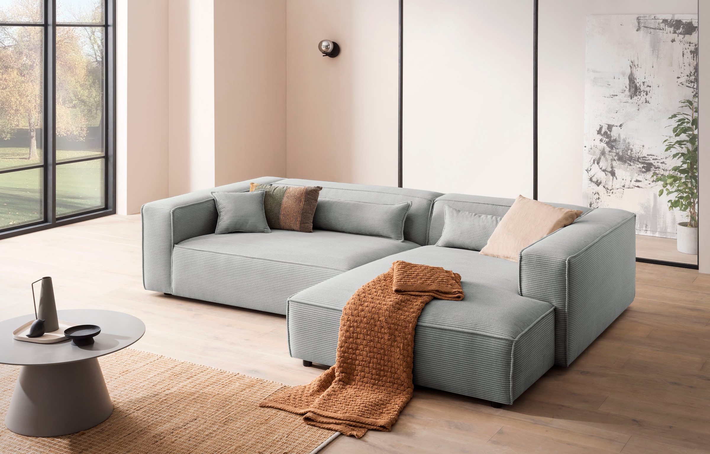 LeGer Home by Lena Gercke Ecksofa »PIARA XXL, Big-Sofa in Cord oder Leinenoptik, L-Form, mit Kedernaht«, wahlweise Ottomane rechts/links, schwarze Füße, extra tiefe Sitzfläche