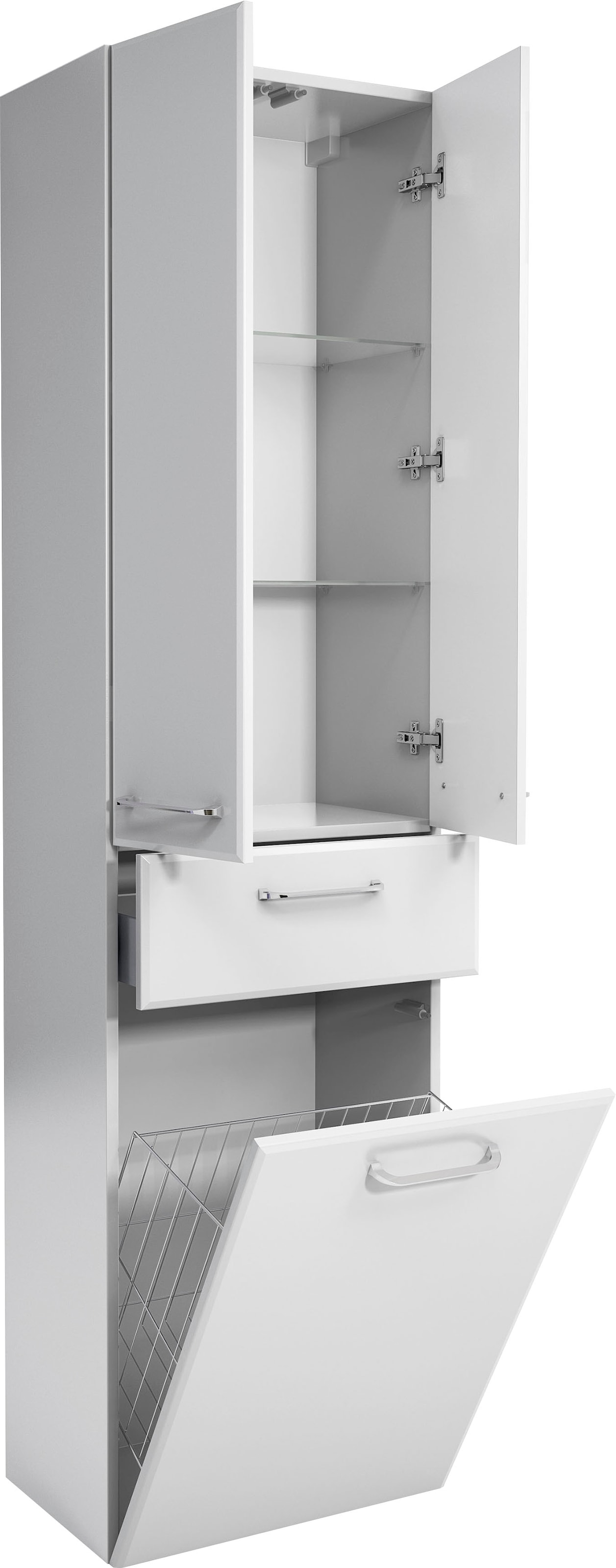 Saphir Hochschrank »Quickset Badschrank 50 cm breit, 2 Türen, 1 Schublade, 1 Wäschekippe«, Badezimmer-Hochschrank inkl. Türdämpfer, Griffe in Chrom glänzend