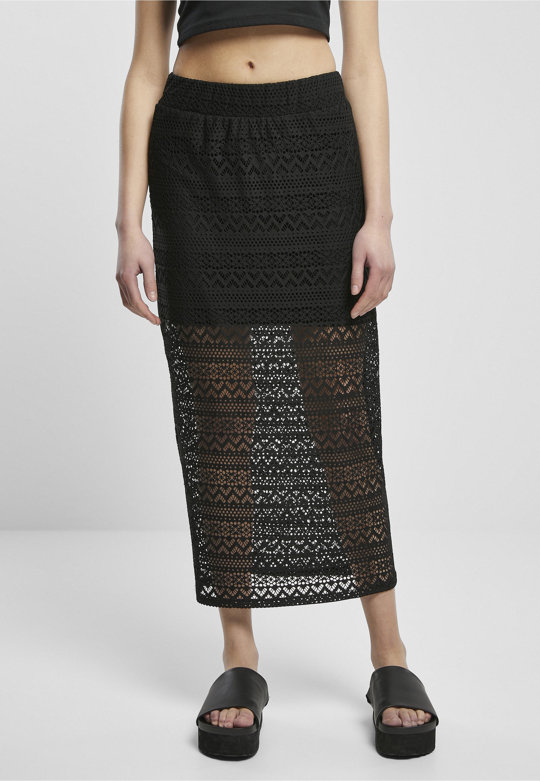 URBAN CLASSICS Jerseyrock »Urban Classics Damen Ladies Stretch Crochet Lace Midi Skirt« 1 Stk.
