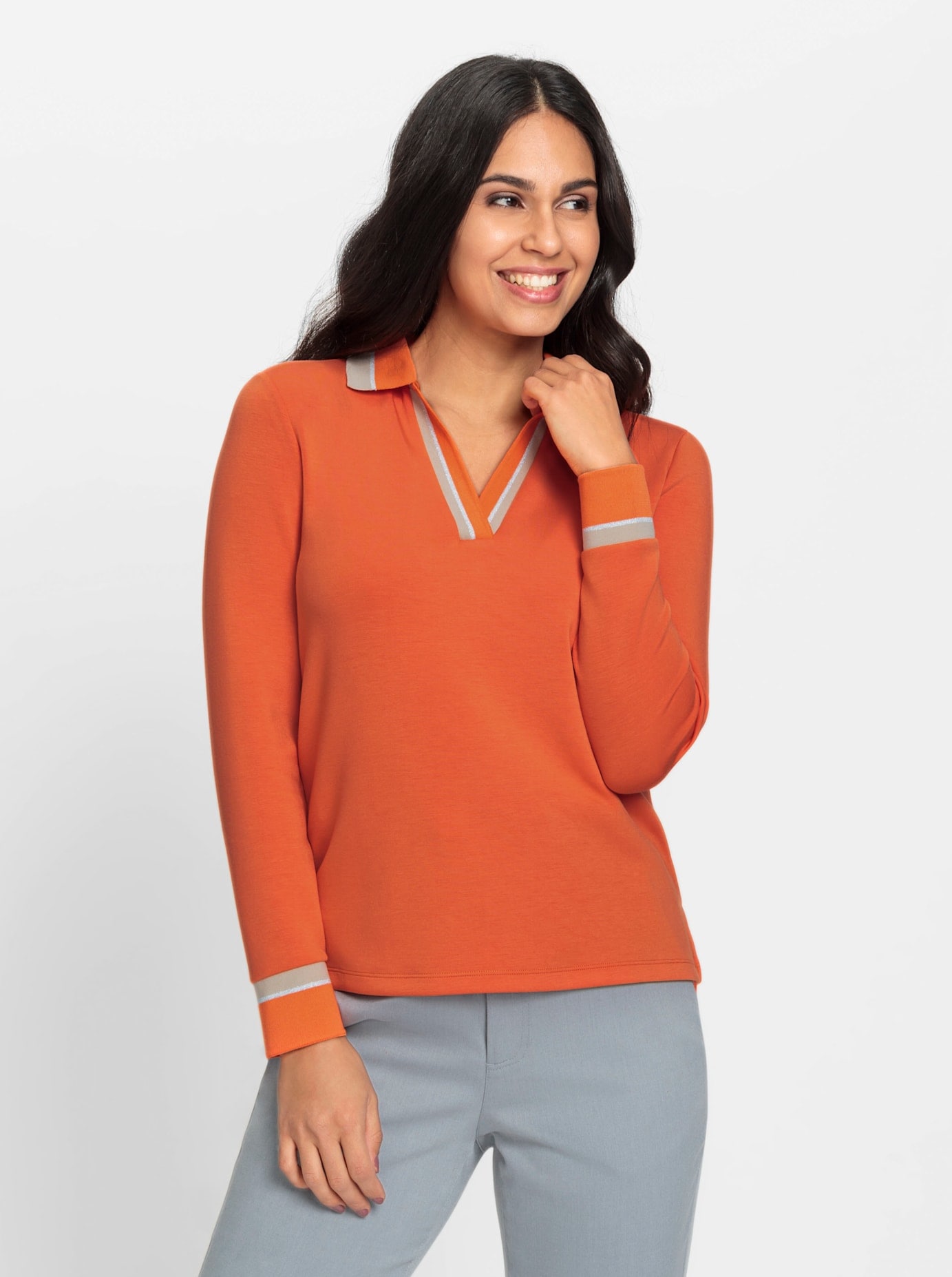 Poloshirt INSPIRATIONEN "Poloshirt", Damen, Gr. 50, orange (orange, sand, gemustert), 50% Modal, 44% Polyester, 6% Elasthan, gemustert, mehrfarbig, unifarben, V-Ausschnitt, Shirts