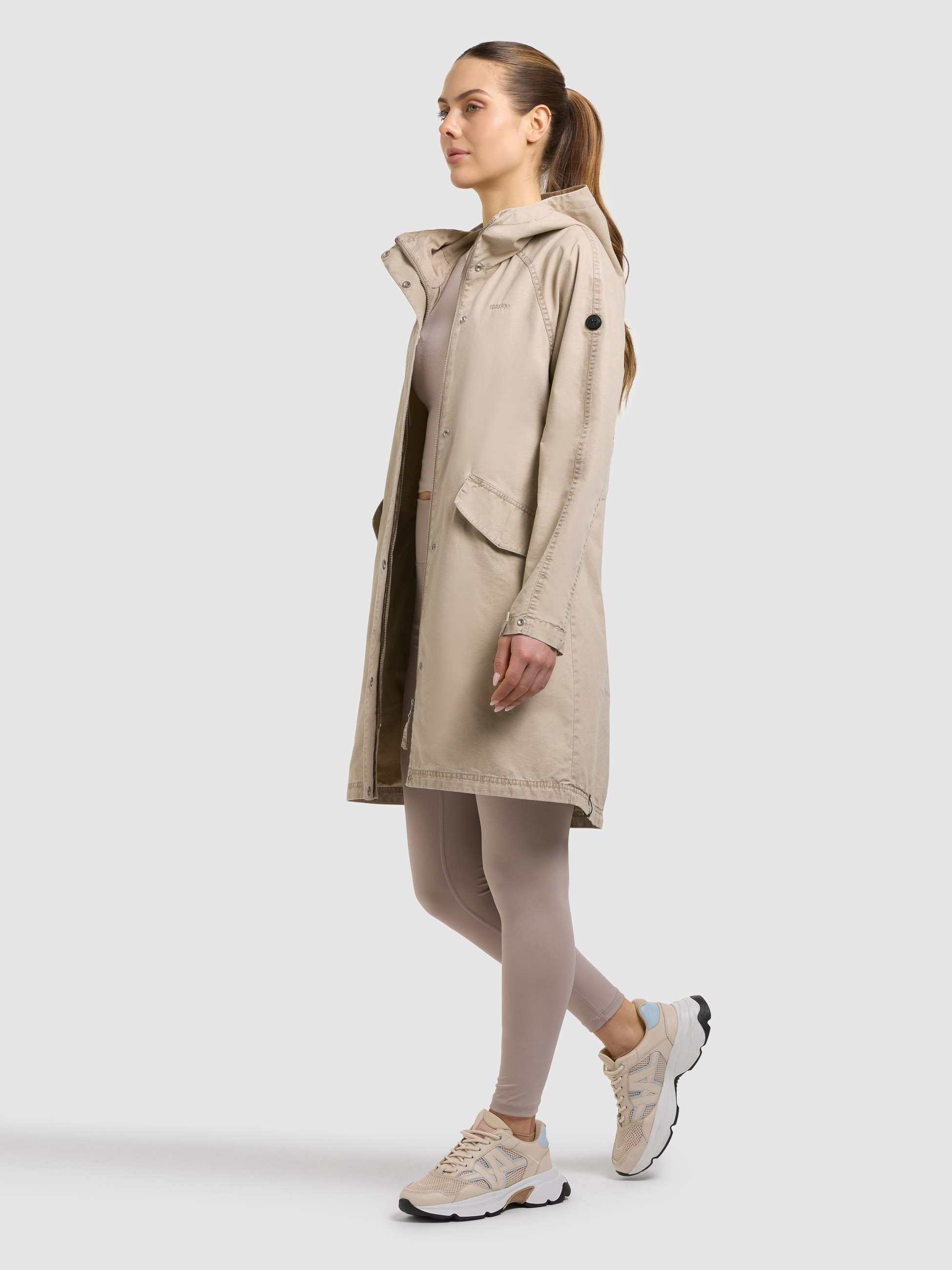 Kurzmantel KHUJO "LEAL", Damen, Gr. L, moussy beige, Web, 75% Baumwolle, 25% Nylon, unifarben, regular fit, Raglanärmel mit Druckknopf, Mäntel Kurzmantel 2