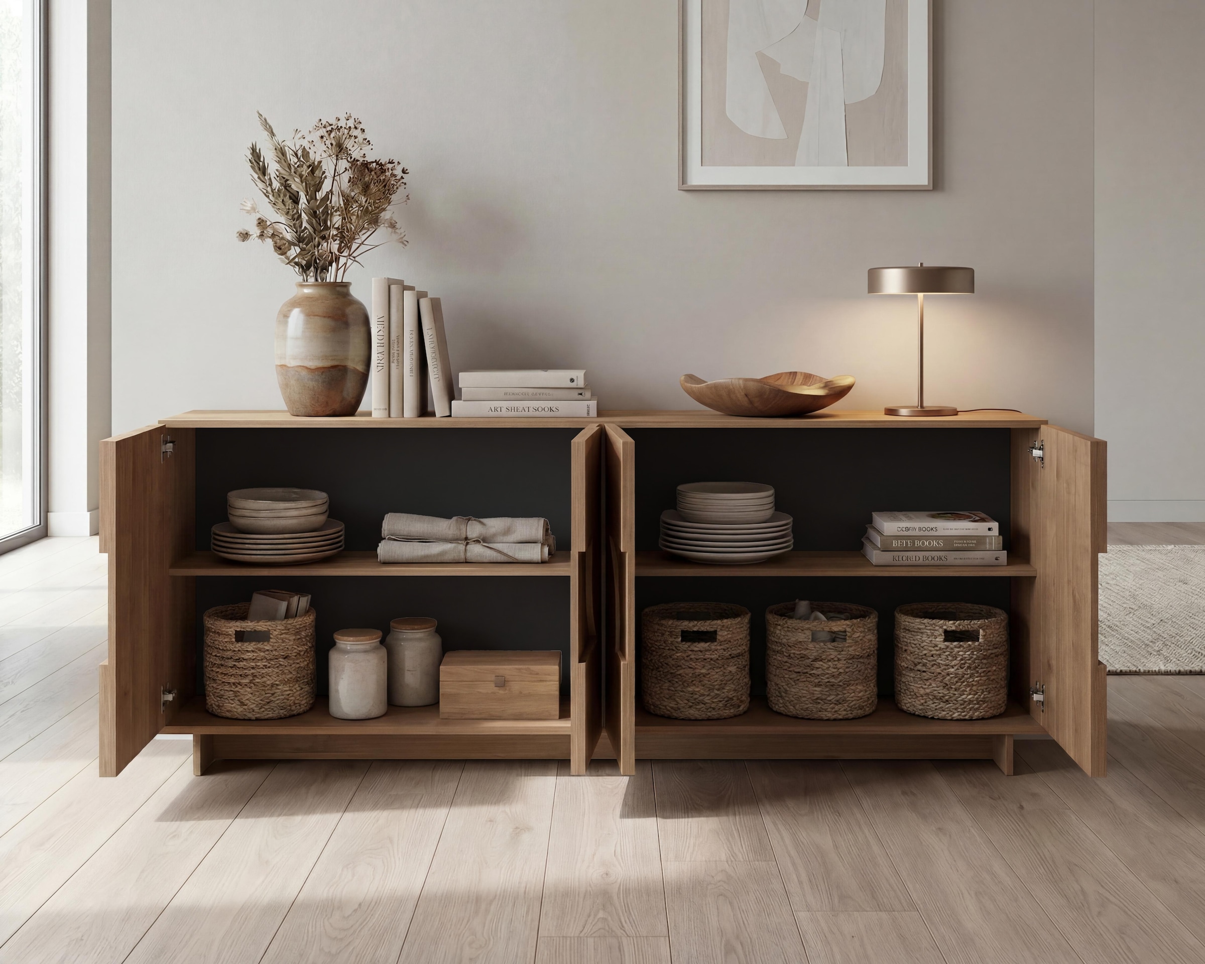 Home affaire Sideboard »Zen, 205 cm breit, 4 Türen, Anrichte, Kommode, Stauraumschrank« Push-to-open, 3D-Fronten, Mercure-Holzstruktur, viel Stauraum