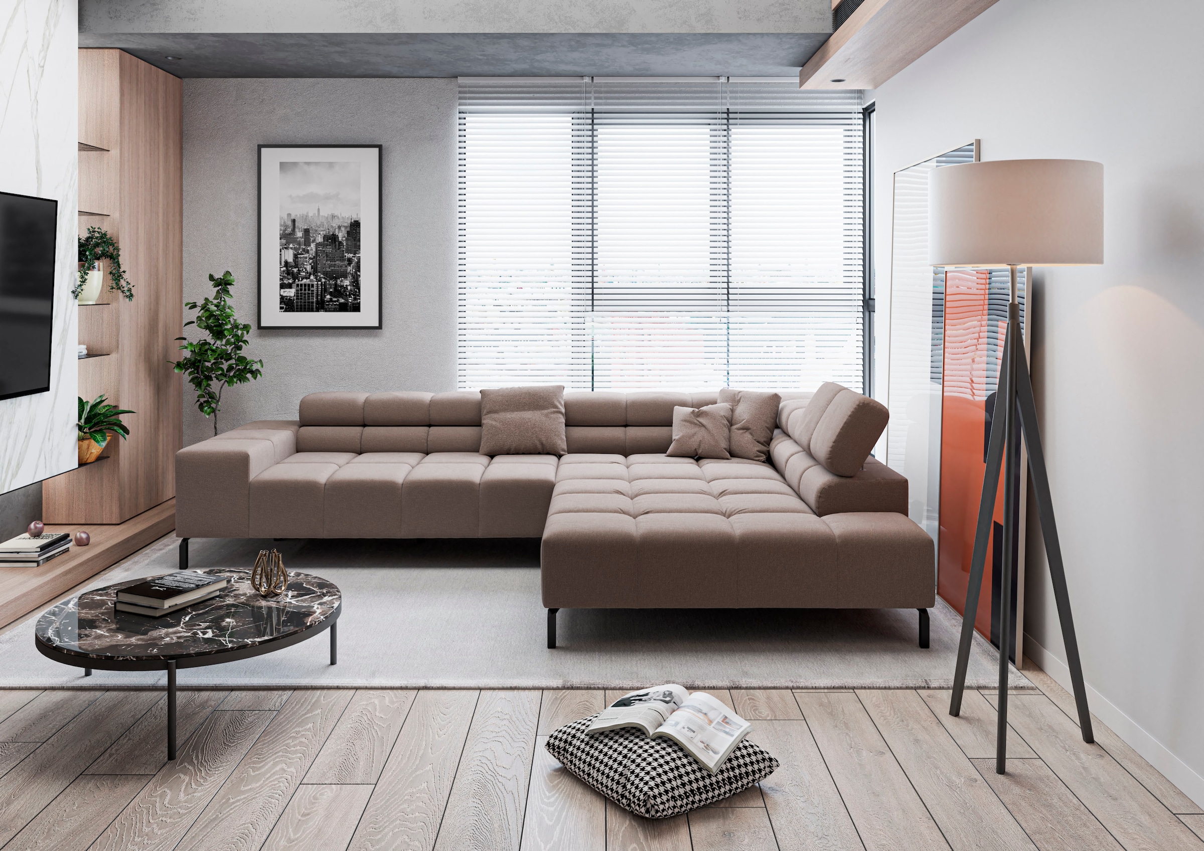 Home affaire Ecksofa "Ancona New, wahlweise motorische Sitztiefenverstellung, auch in Cord" feine Steppung, mit Kopfteilverstellung, 3 Zierkissen, L-Form