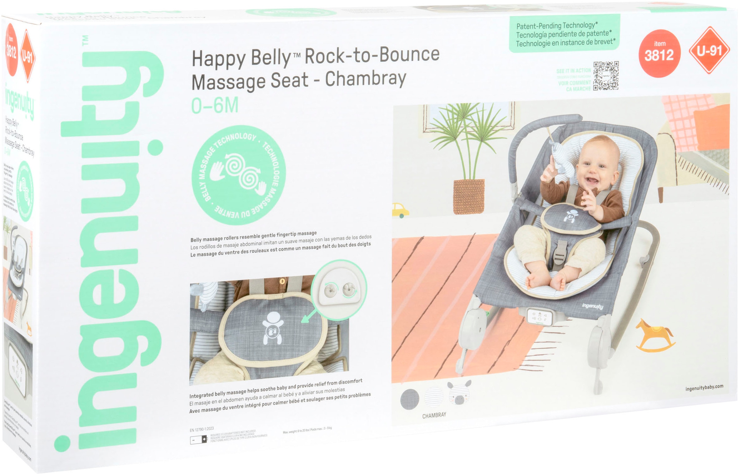 ingenuity Babywippe »Happy Belly™ Rock-to-Bounce Massage Seat - Chambray«, bis 9 kg, mit Melodien und Geräuschen