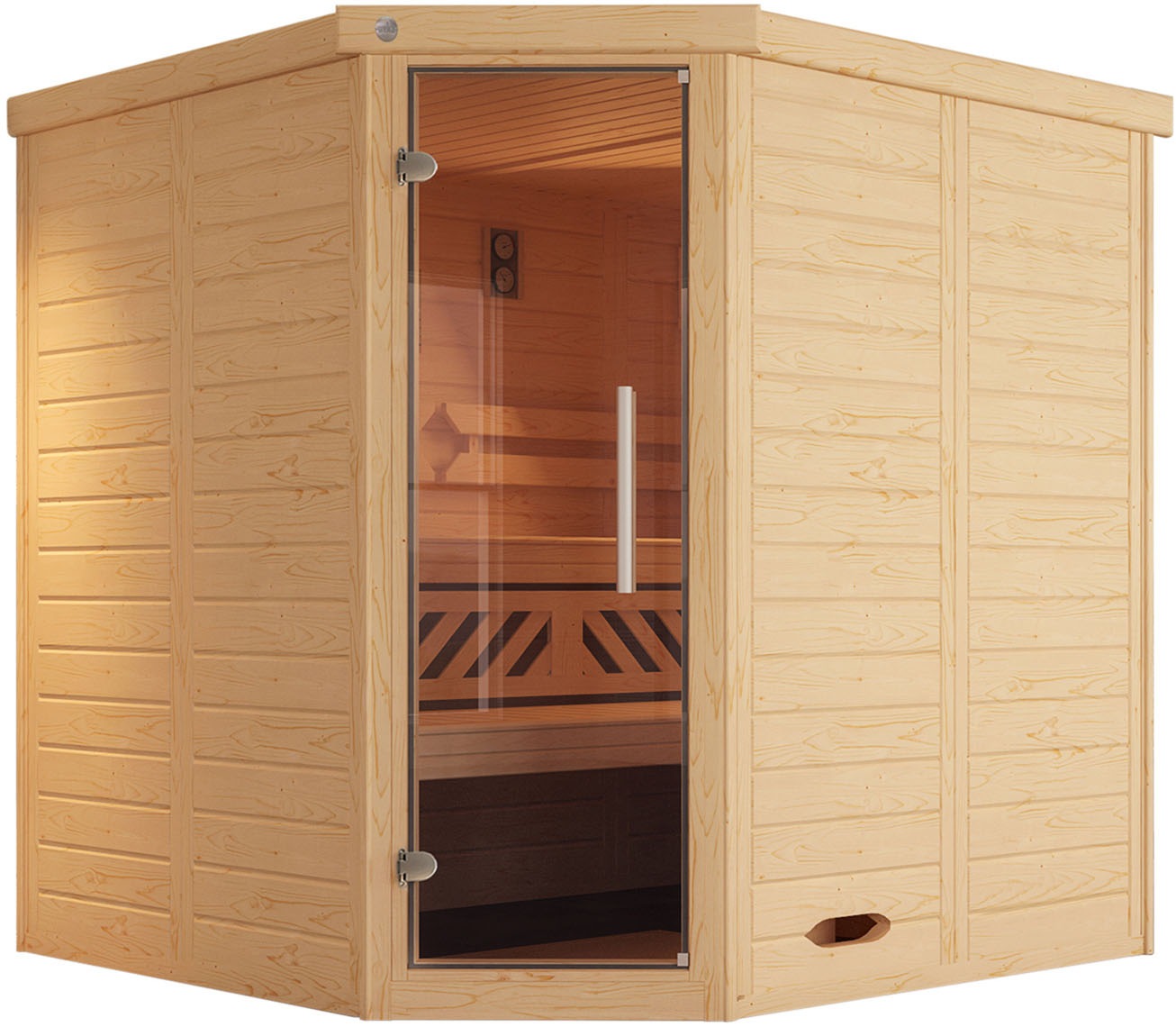 weka Sauna »Design-Sauna KEMI Eck 1«, naturbelassenes Fichtenholz, moderne Glastür
