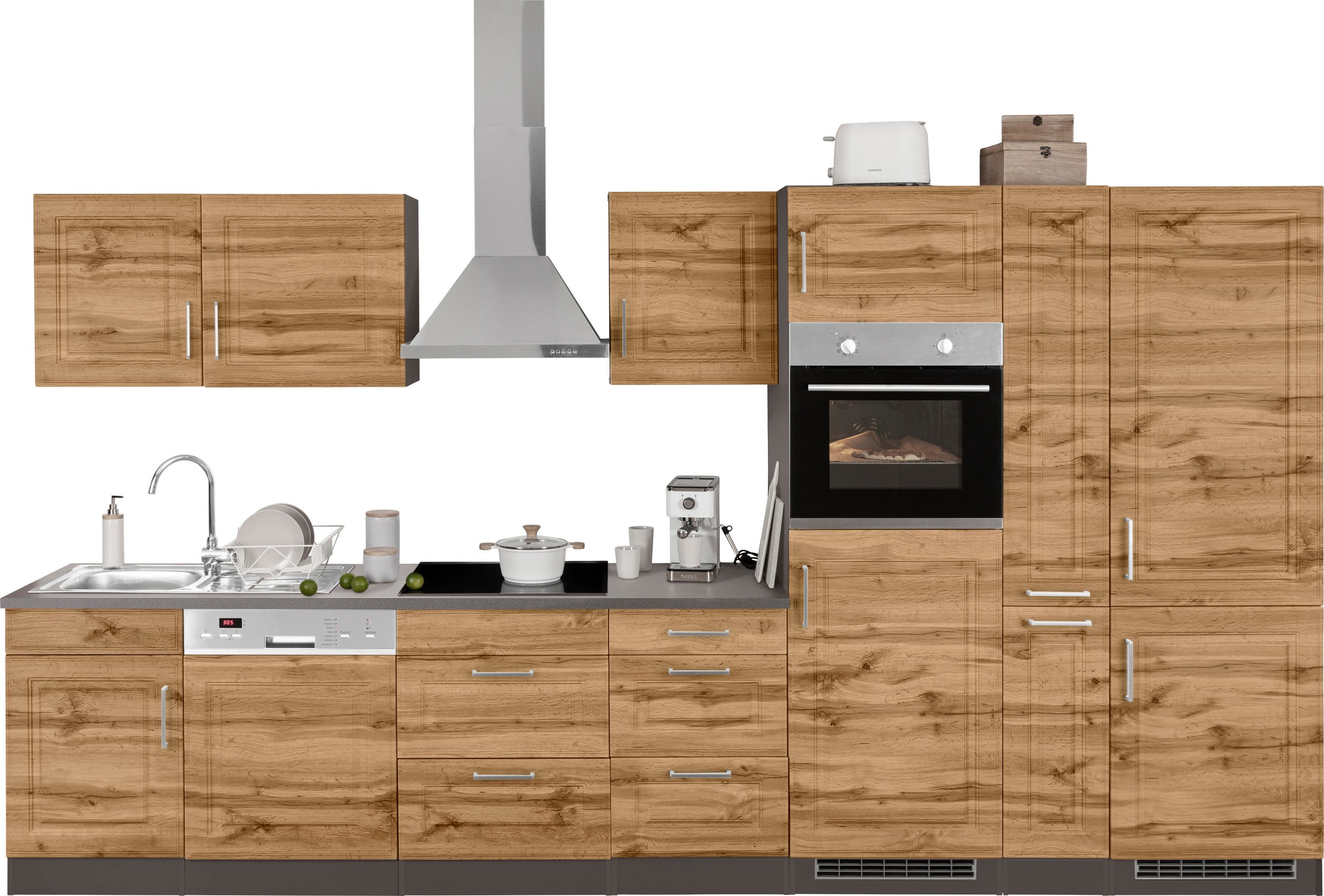 Küchenzeile »Stockholm«, Breite 370 cm, mit hochwertigen MDF Fronten im Landhaus-Stil