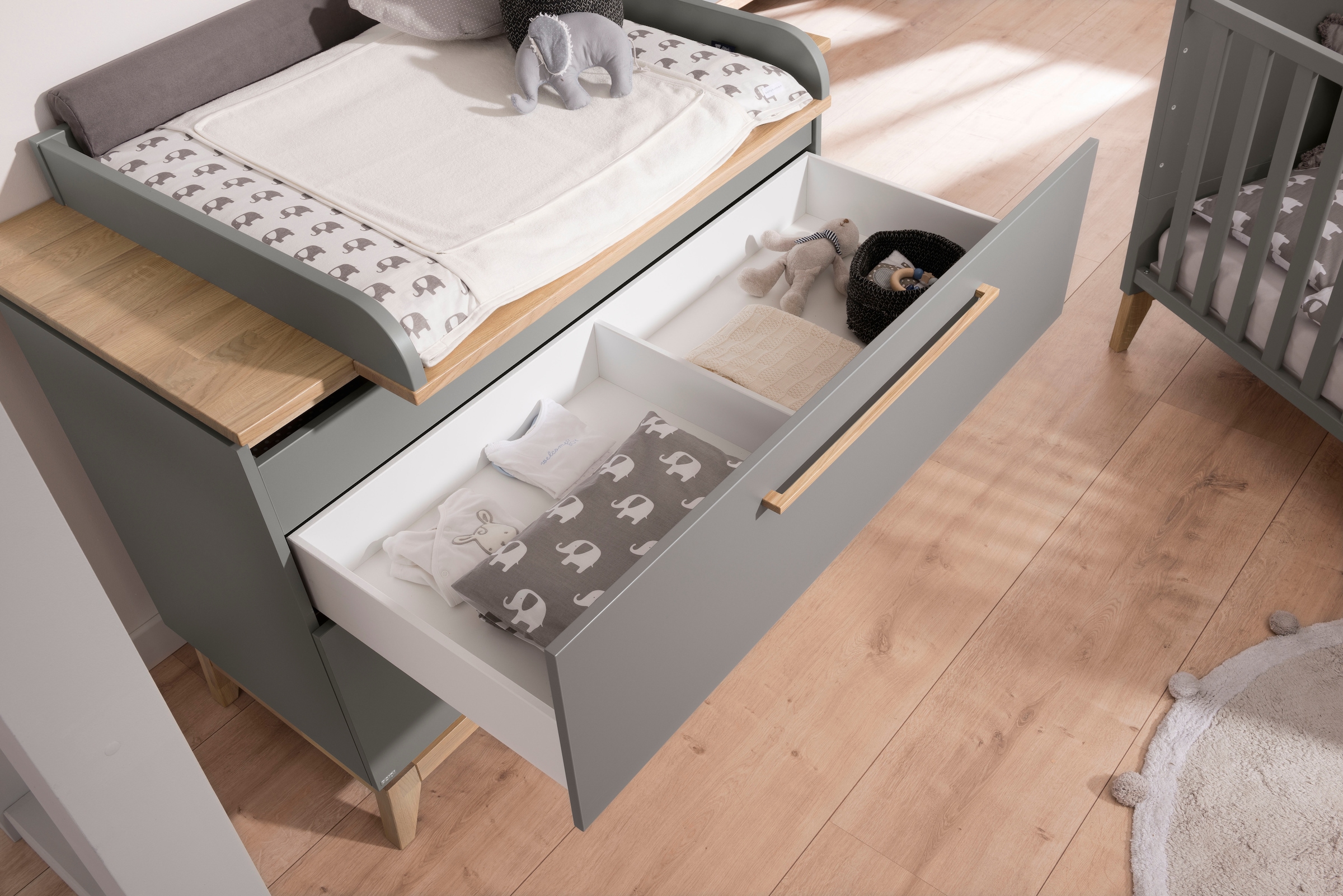 PAIDI Wickelaufsatz »STIENE in Beige oder Grau, zur Erweiterung der Kommode« B/H/T ca. 123/12/80cm,  Wickelauflage mit Eiche Massivholz und gerundeten Kanten