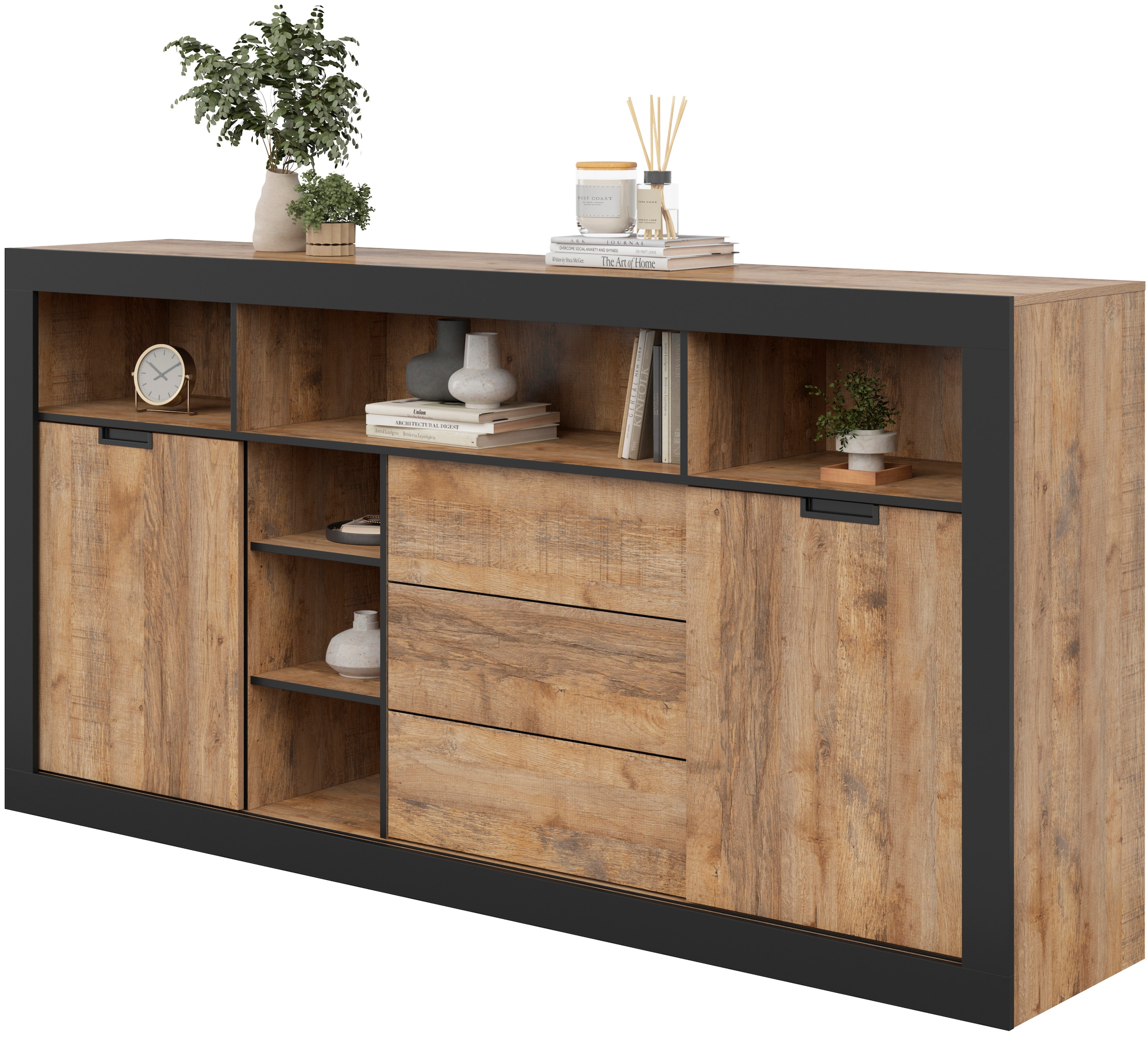 INOSIGN Highboard »Tudor, Breite 220 cm Aufbewahrungsschrank 2 Schiebetüren/3 Schubkästen«, Hochschrank, Kommode Landhausstil viel Stauraum, Böden verstellbar
