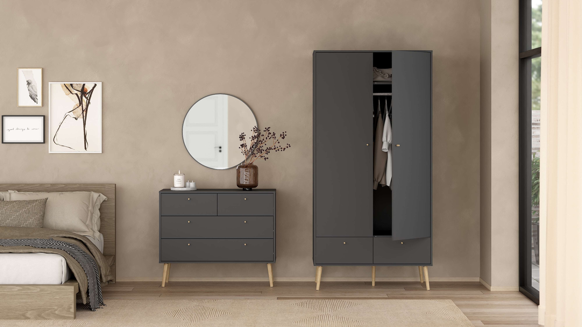 andas Kleiderschrank »Bodo, Drehtürenschrank, Aufbewahrung Kasten Schrank Stauraum«, 2 Türen, 2 Schubladen, Beine und Griffe Massivholz, Breite 99 cm