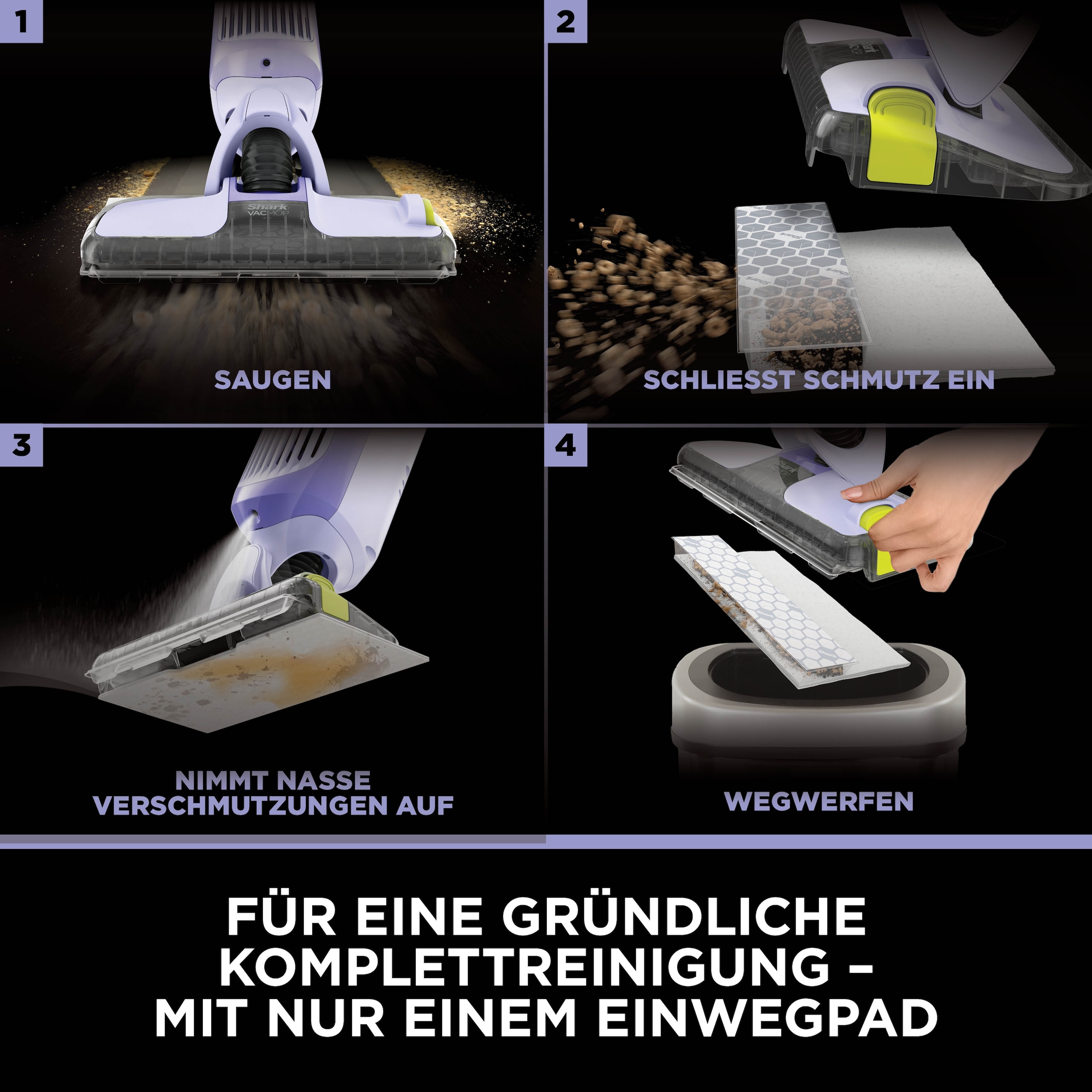 Shark Nass-Trocken-Akkusauger »Shark VacMop 2-in-1 kabelloser Staubsauger/Sprühmopp VM200EUPL« VOLLSTÄNDIGE REINIGUNG MIT EINEM EINZIGEN EINWEGPAD, kabellos, leicht