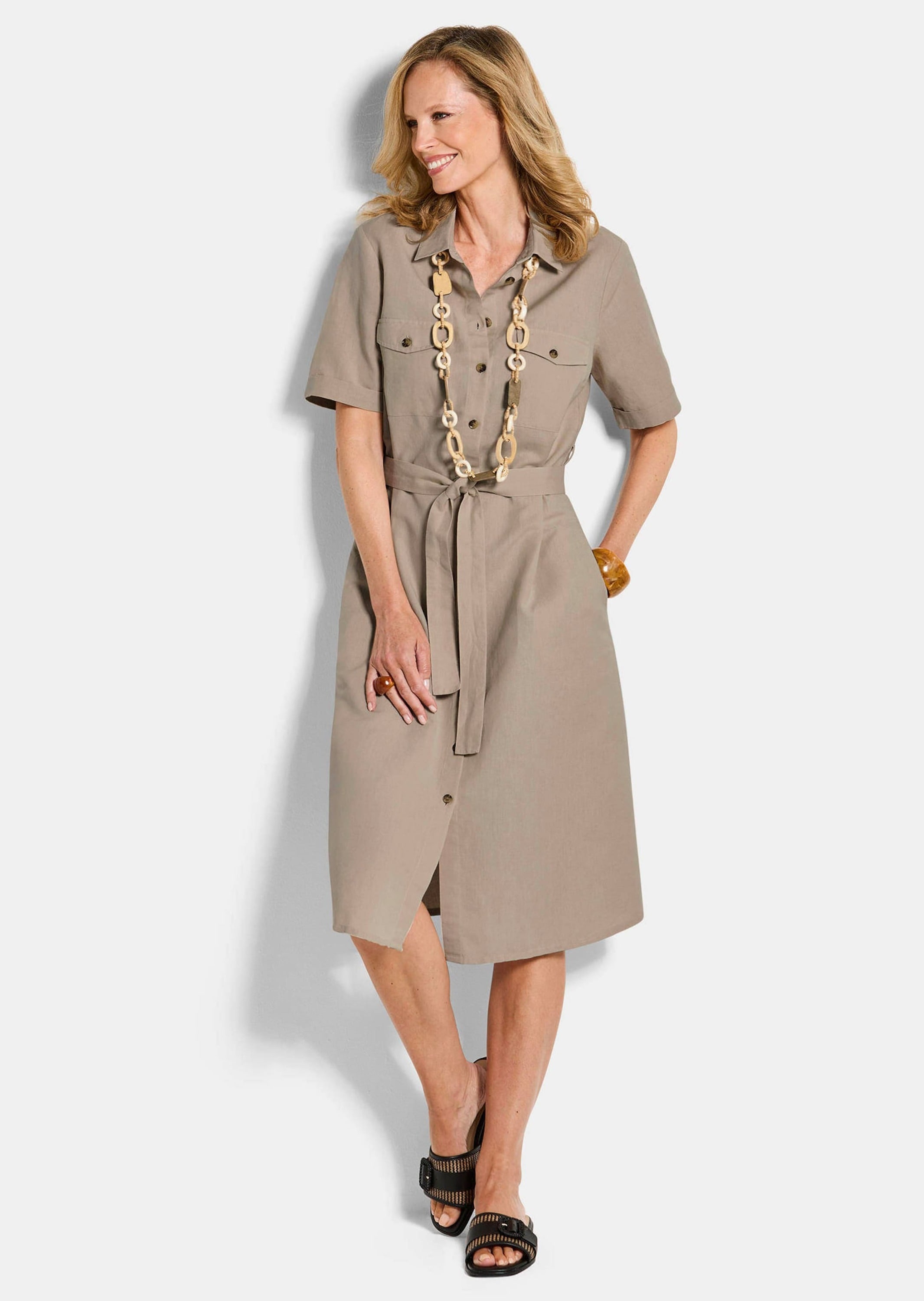 GOLDNER Sommerkleid »Kurzgröße Leinenkleid im Safari-Look« Brusttaschen figurschmeichelender Schnitt