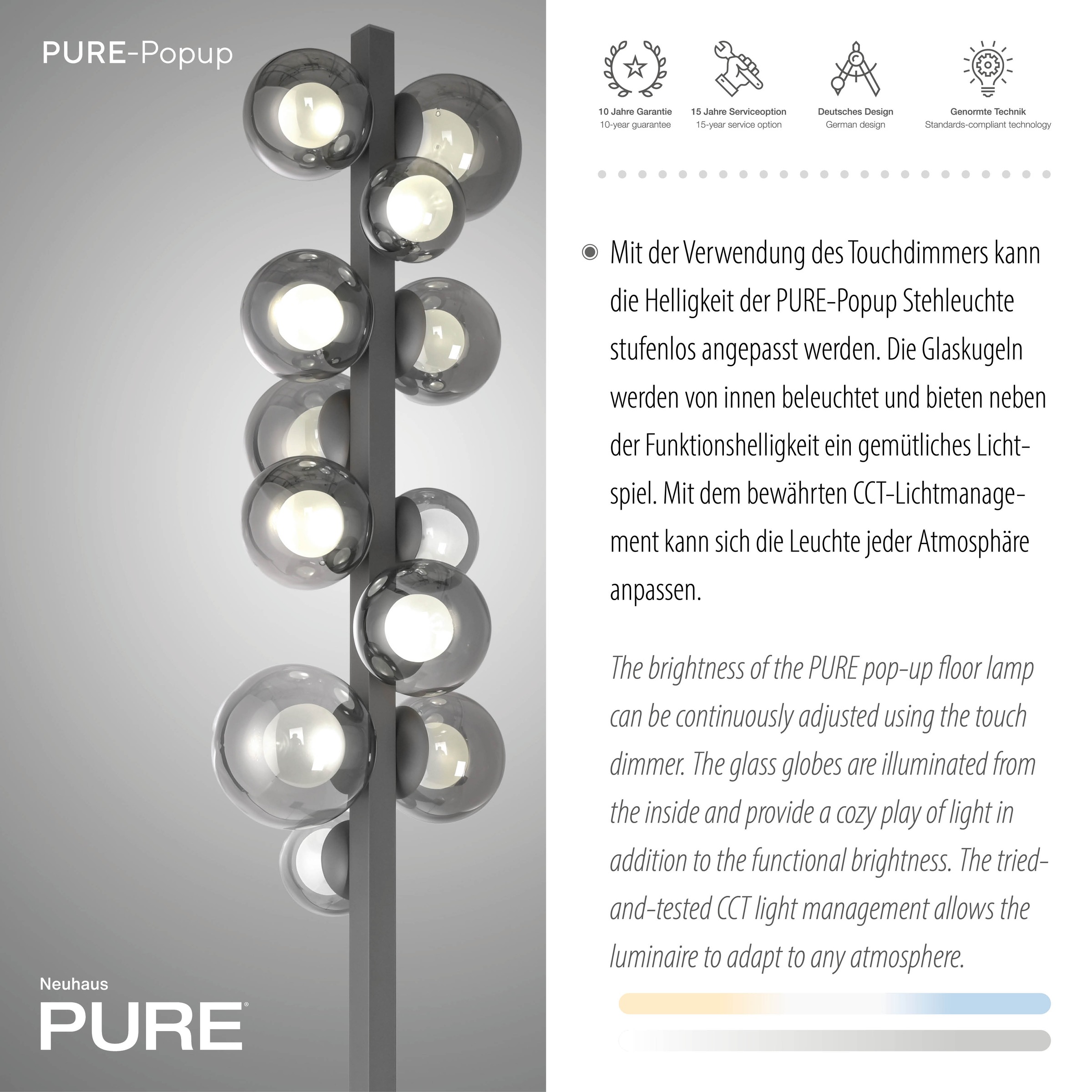 Neuhaus PURE LED Stehlampe »PURE Popup« LED-Board 1 Stk. warmweiß - kaltweiß Stufenloses dimmen, CCT, Tastdimmer,  Memoryfunktion
