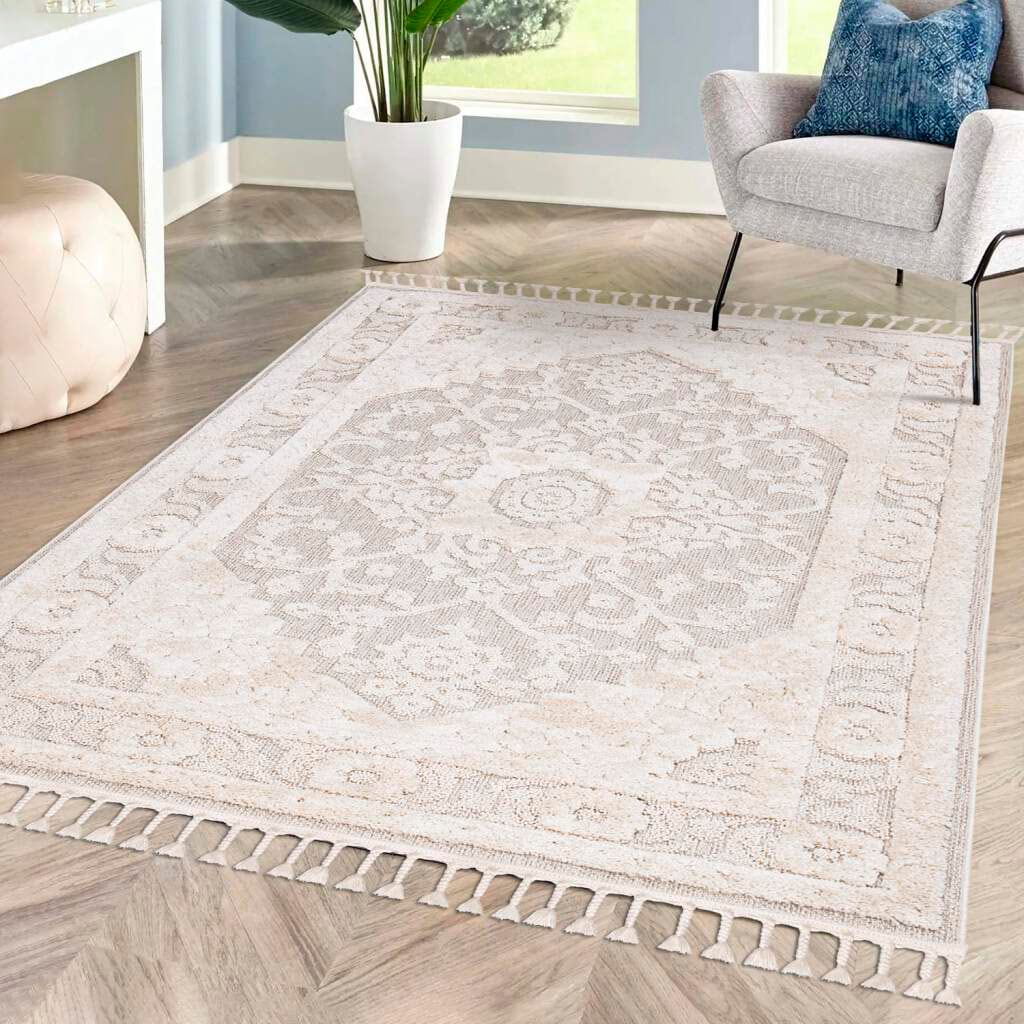 Carpet City Hochflor-Teppich »Valencia 732«, rechteckig, 20 mm Höhe, Läufer, Boho-Stil, 3D-Effekt, Relief, Hoch-Tief-Struktur, mit Fransen