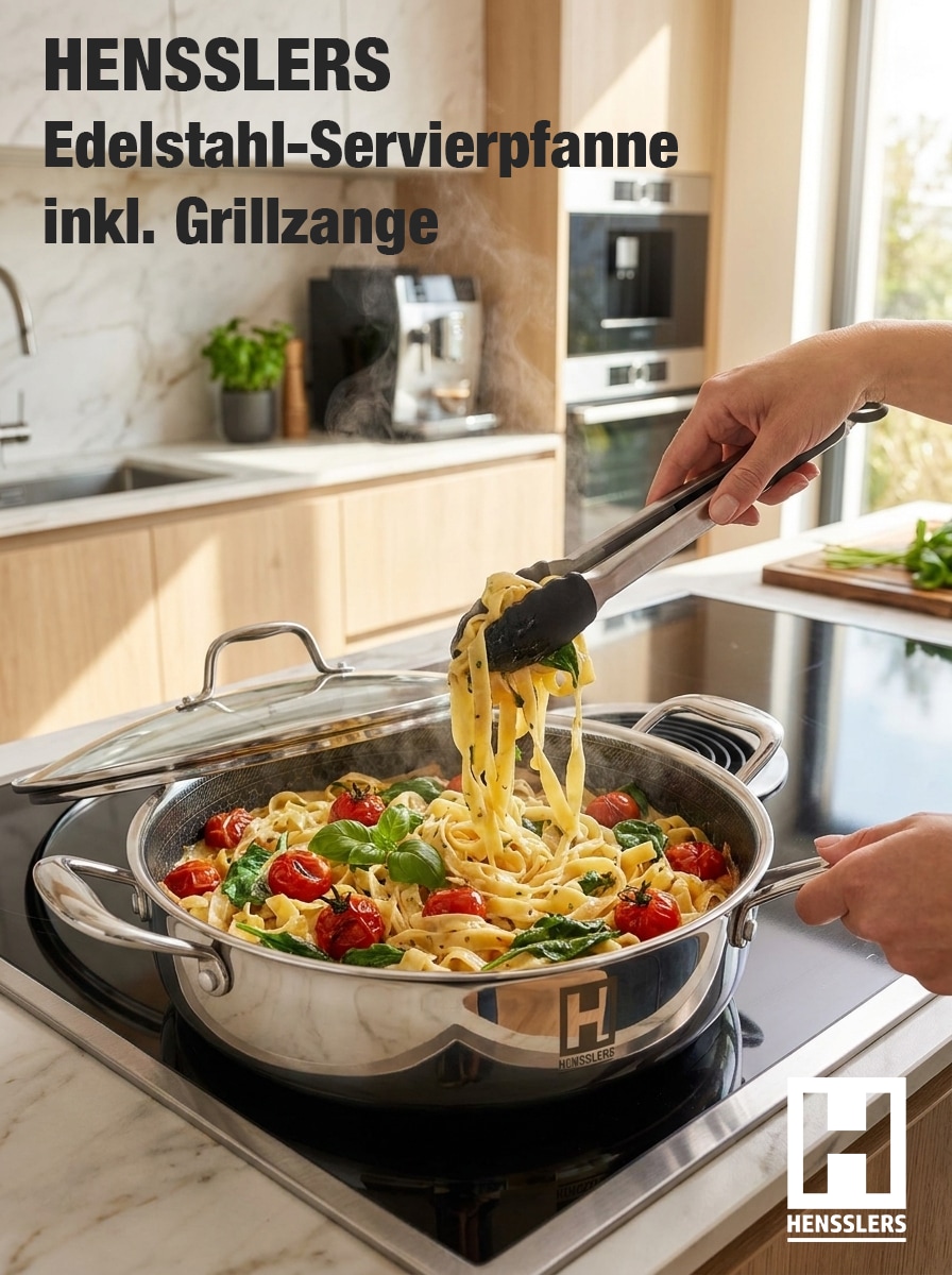 HENSSLERS Servierpfanne "Premium, Pfanne 32 cm, inklusive Grillzange" Edelstahl Set, 3 tlg.