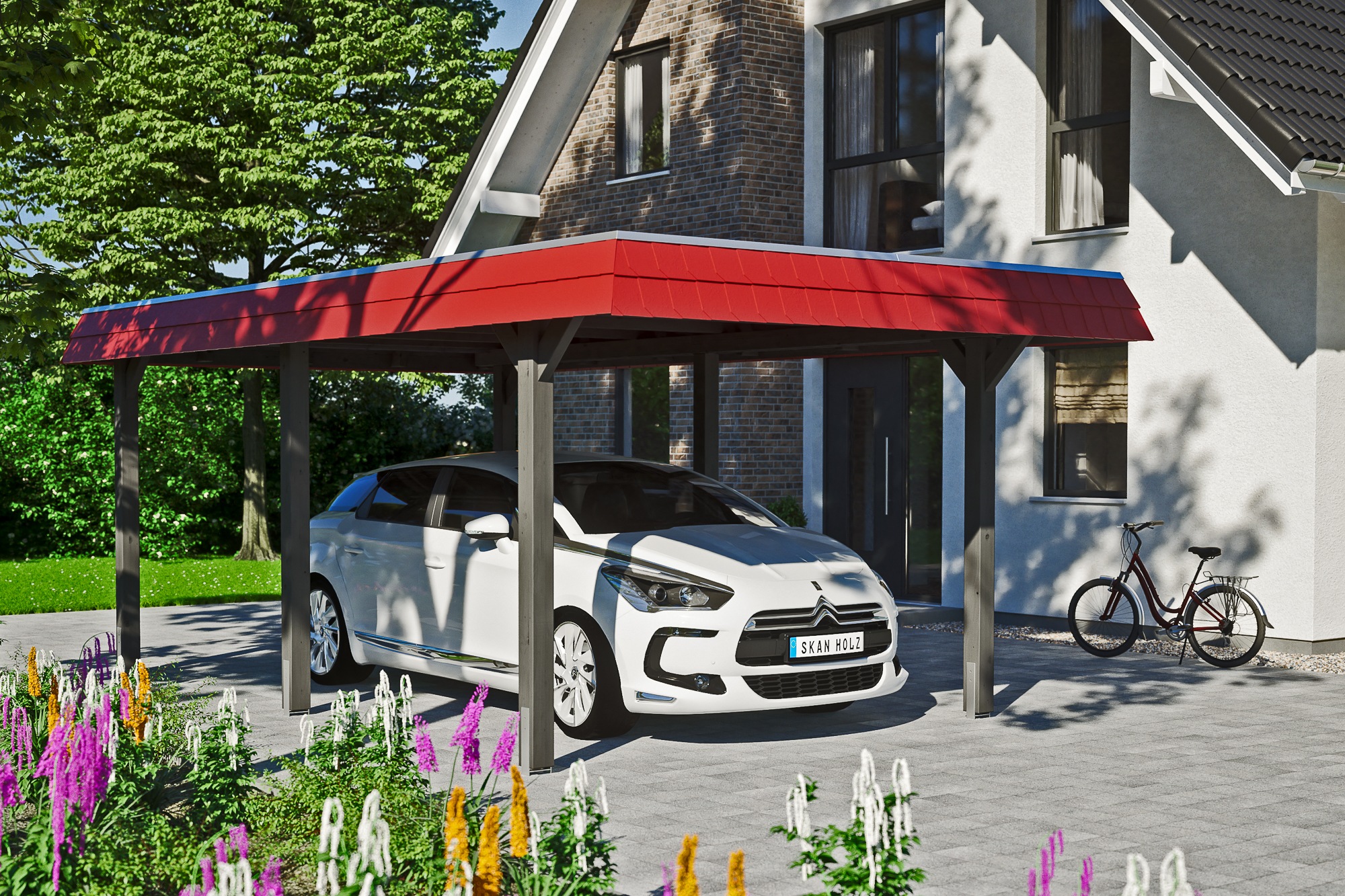 Skanholz Einzelcarport »Wendland«, Leimholz-Fichte, 291 cm, Schiefergrau, mit EPDM-Dach, rote Blende