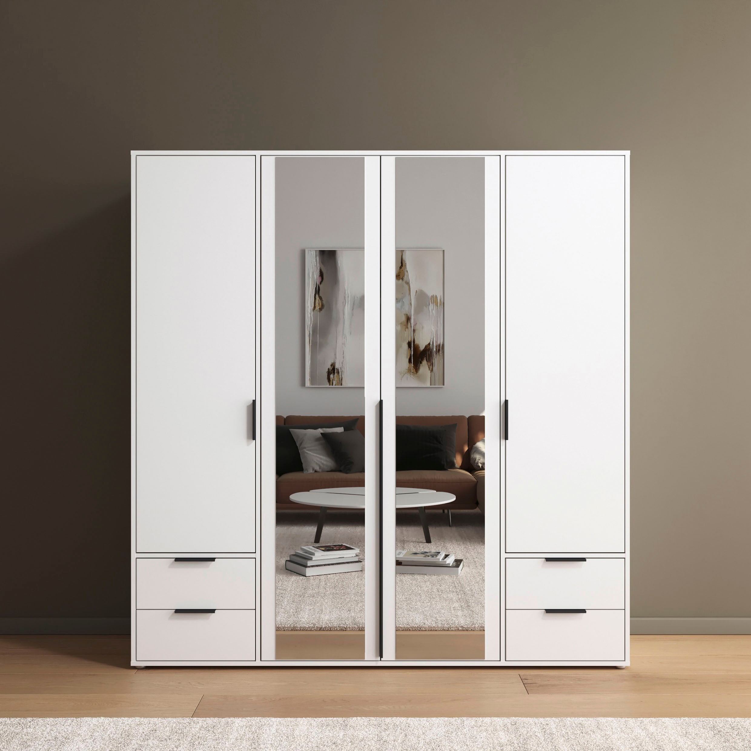 rauch "Kleiderschrank Schrank Garderobe Wäscheschrank NAGATA mit Spiegel" in 3 verschiedenen Ausstattungen BASIC/CLASSIC/PREMIUM, und Schubladen sowie Stangengriffen TOPSELLER MADE IN GERMANY