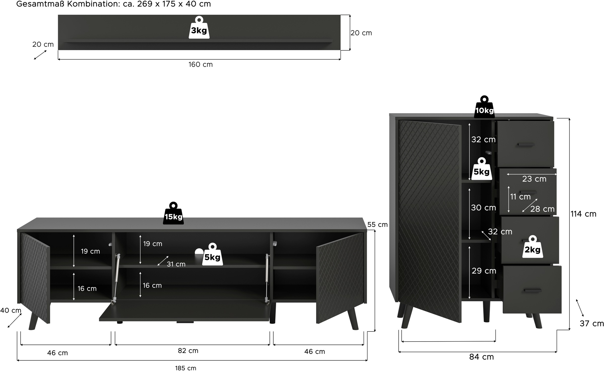 Home affaire Wohnwand »RHOMBUS, hochwertige MDF-Front mit Karo-Optik« Set, Wohnkombination, Wohn-Kombi, Kombi, Wohnzimmer, 3 Stk. tlg.