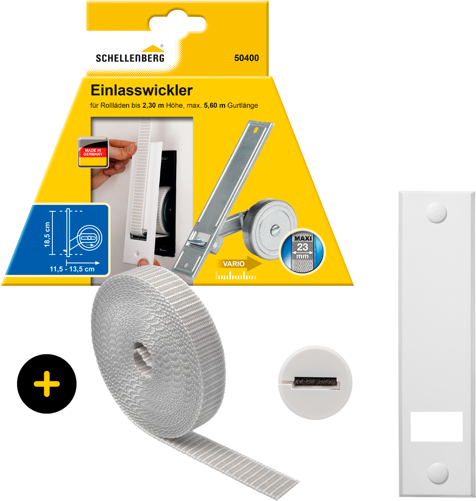 SCHELLENBERG Einlass-Gurtwickler »inkl. Abdeckplatte, Gurtführung, Rollladengurt grau oder weiß«, Unterputz Gurtwickler 18,5 cm Lochabstand für das Rollladensystem Maxi