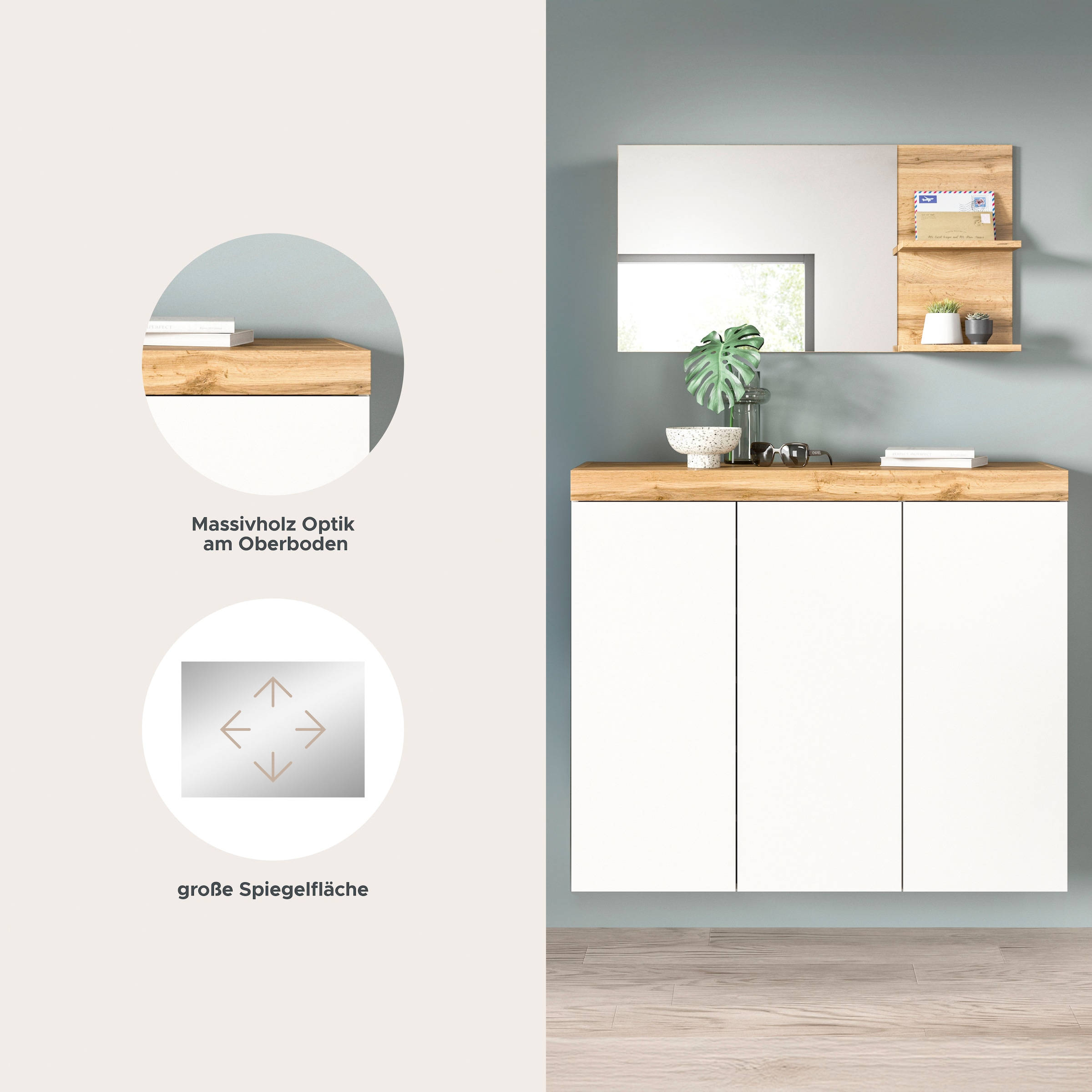 OTTO home Garderoben-Set »MAMBO, TOPSELLER!, 2-teilige Kombination, stehend & hängend montierbar« bestehend aus: Kommode, Spiegel, 2 Stk. tlg.