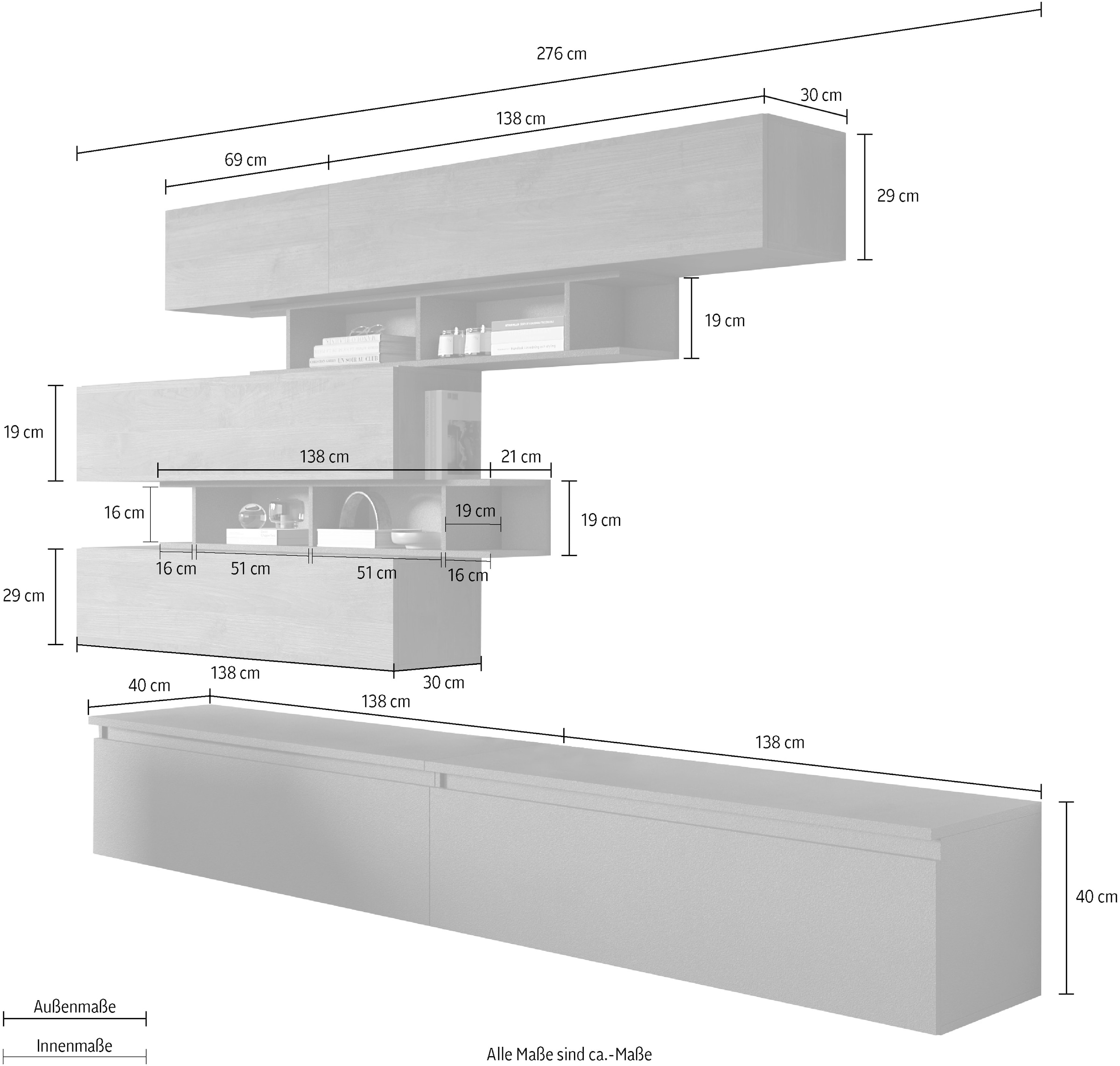 INOSIGN Wohnwand »INFINITY, 8tlg. Breite 276 cm, Höhe variabel, Schrankwand, Anbauwand«, (2x Lowboard, 4x Hängeschrank, 2x Wandregal)
