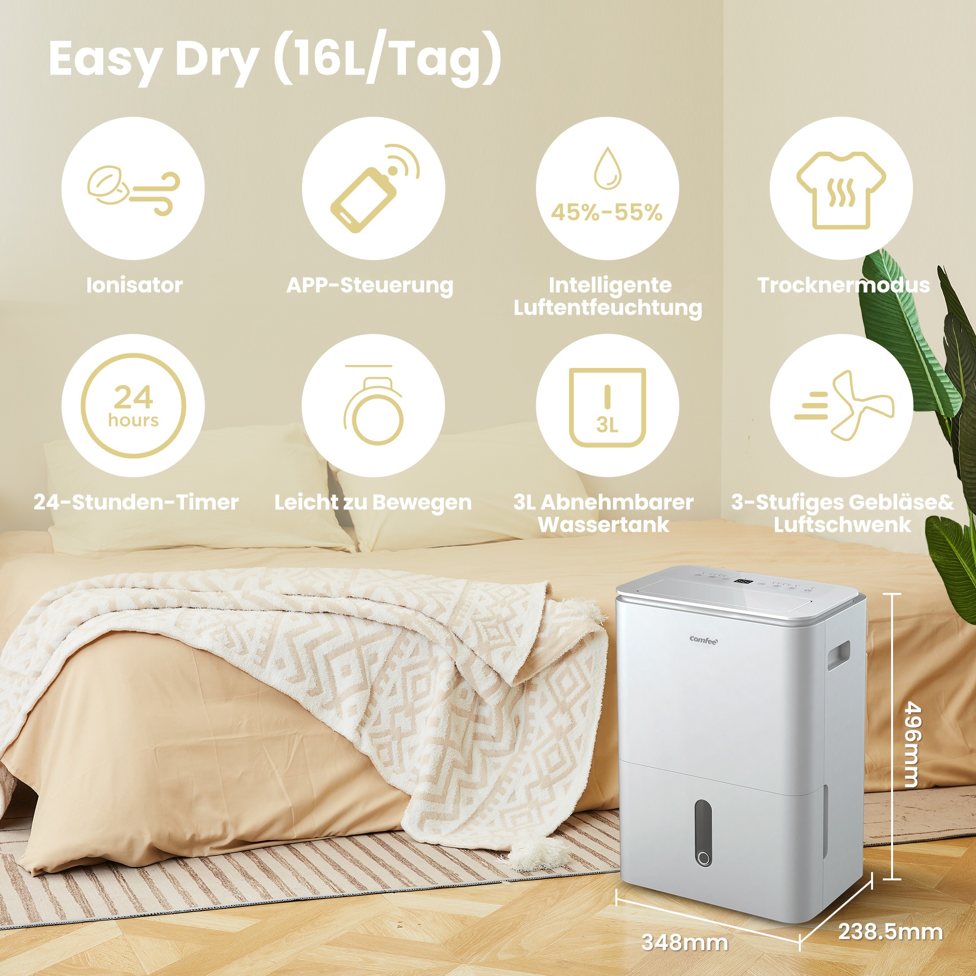 comfee Luftentfeuchter ""Easy Dry 16" geeignet für Räume mit bis zu 32 m²" Entfeuchtung 16 l/Tag mit Trocknermodus, App -und Sprachsteuerung