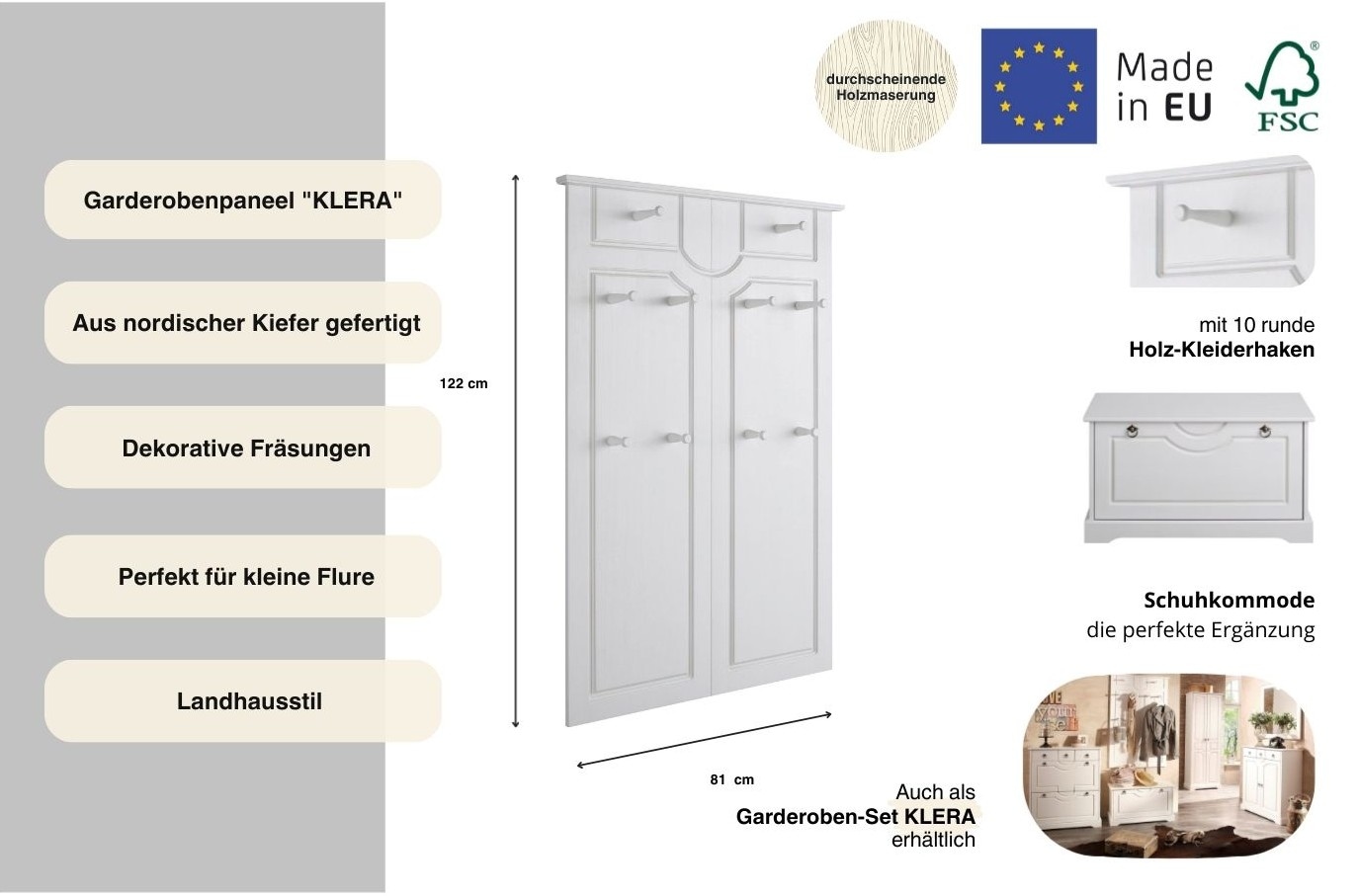 Home affaire Garderobenpaneel »Klera«, Mit 10 Kleiderhaken, aus massiver Kiefer