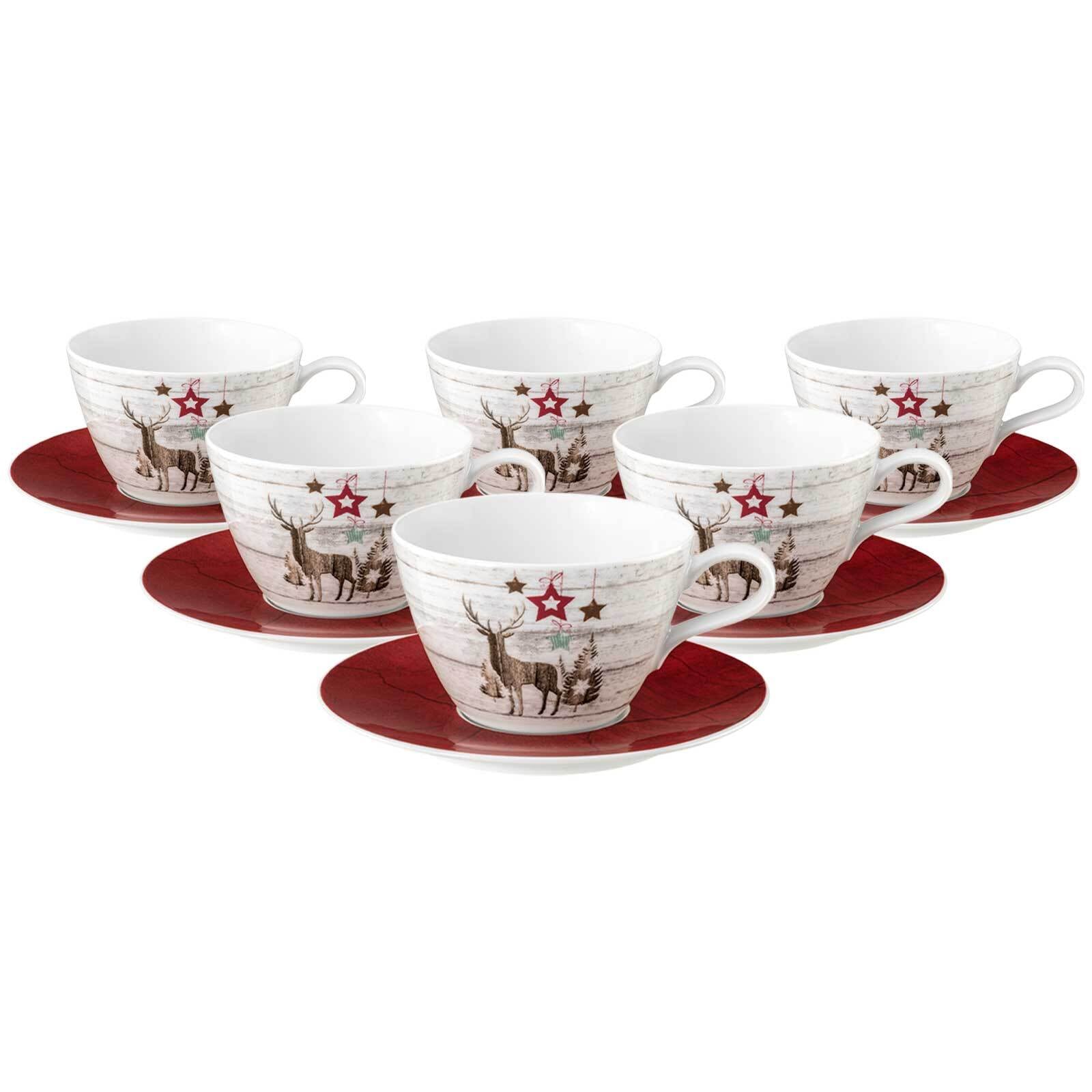 Seltmann Weiden Tasse "Milchkaffeetassen mit Untertassen Life Christmas 370 ml 6er Set weiß-braun" Spülmaschinengeeignet, Mikrowellengeeignet, Ofenfest, Salamandergeeignet, Kühlschrankgeeignet, Gefrierschrankgeeignet