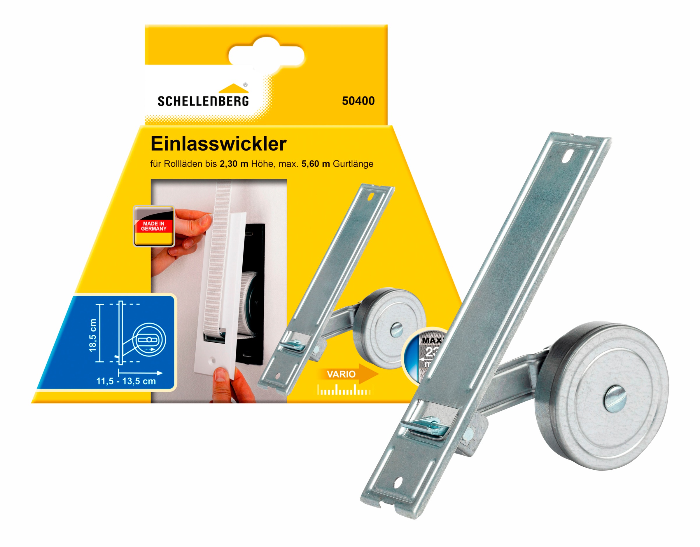 SCHELLENBERG Einlass-Gurtwickler "für das Rollladensystem Maxi, Lochabstand 18,5 cm, Unterputz-Montage" Set, 1 Stk. tlg. für Rollladengurte mit 23 mm Breite