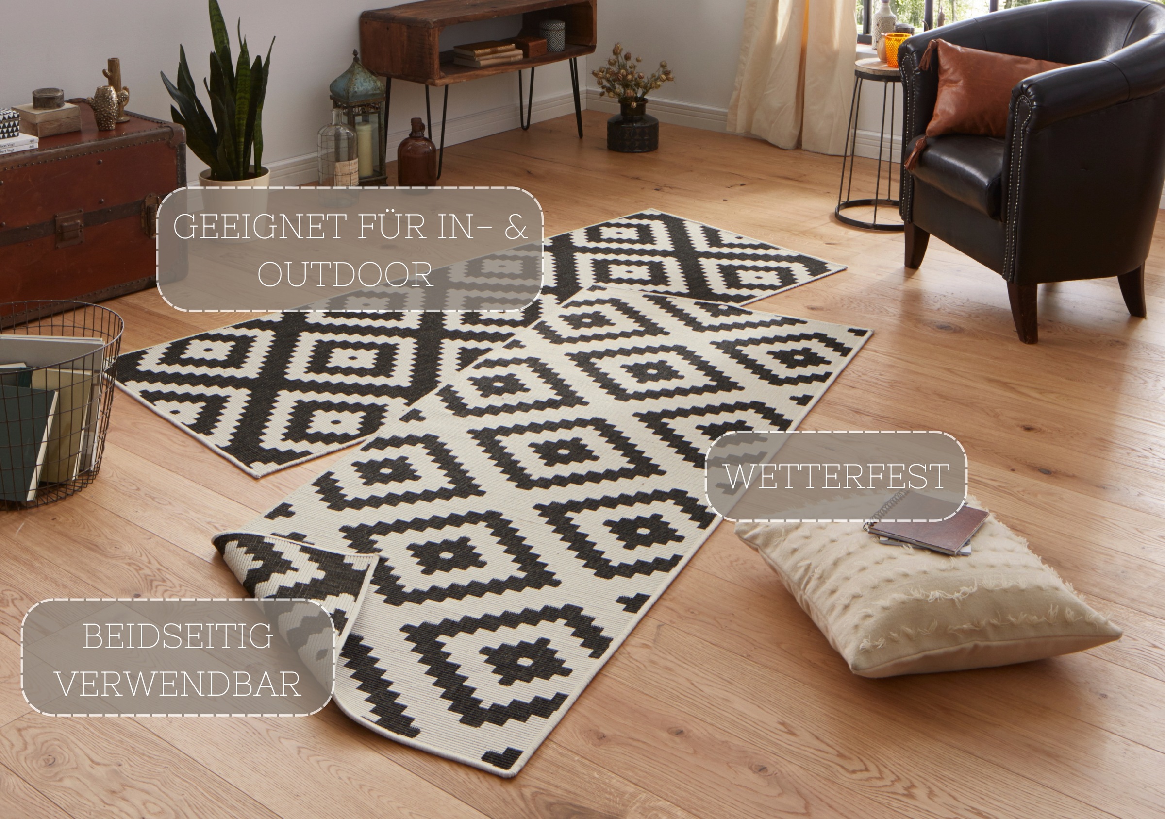 Teppich HANSE HOME "Malta Wendeteppich" Gr. 13, schwarz (schwarz, creme), B:80cm H:5mm L:350cm, Kunstfaser, Teppiche, Teppich, In-& Outdoor, Wetterfest, Balkon, Terrasse, Raute, Läufer, Wohnzimmer 3