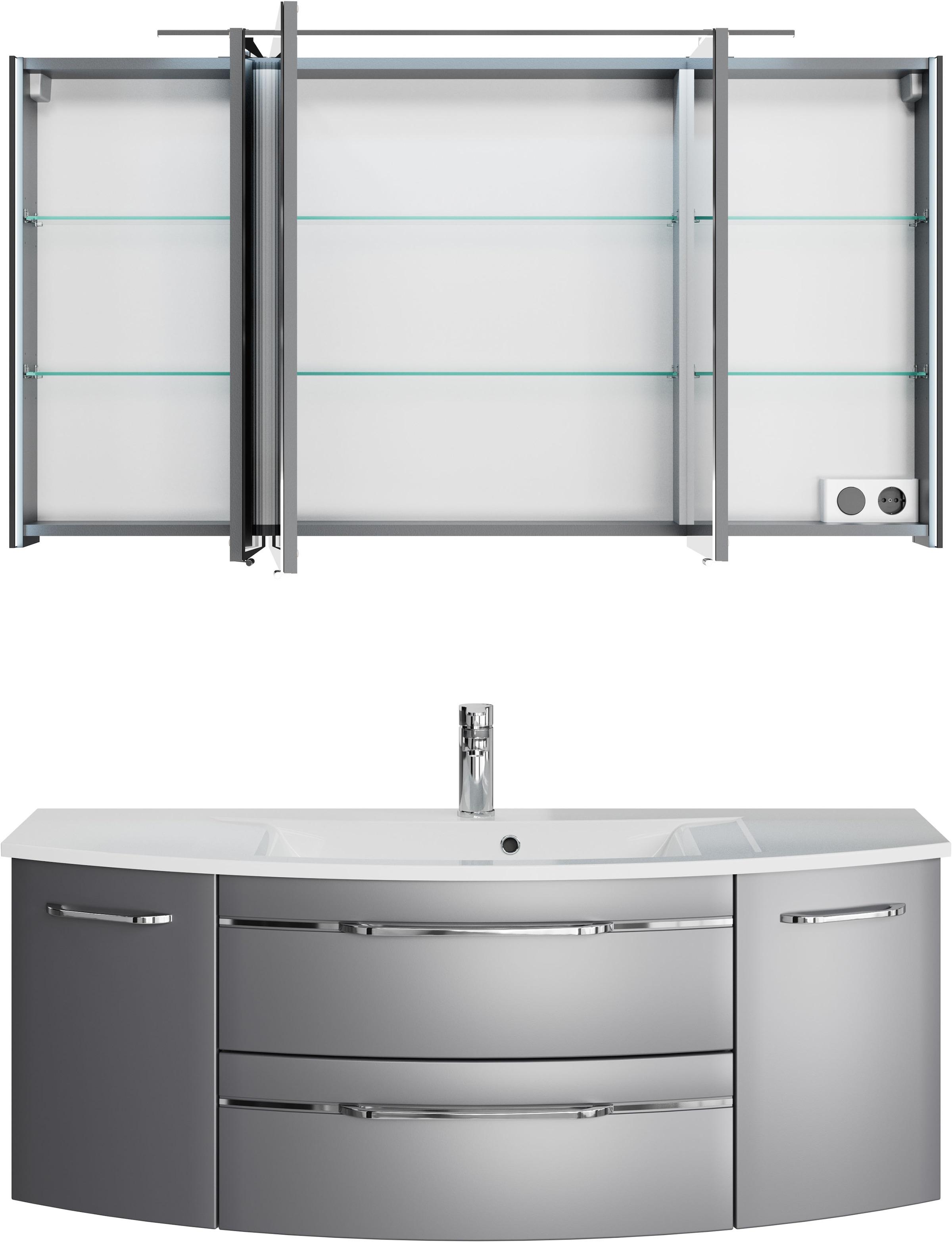 Saphir Badmöbel-Set »Serie 7045 2-teilig Mineralmarmor-Waschtisch mit LED-Spiegelschrank«, (Set, 2 St.), Badezimmer-Set 133,2 cm breit, inkl. Türdämpfer, 5 Türen, 2 Schubladen