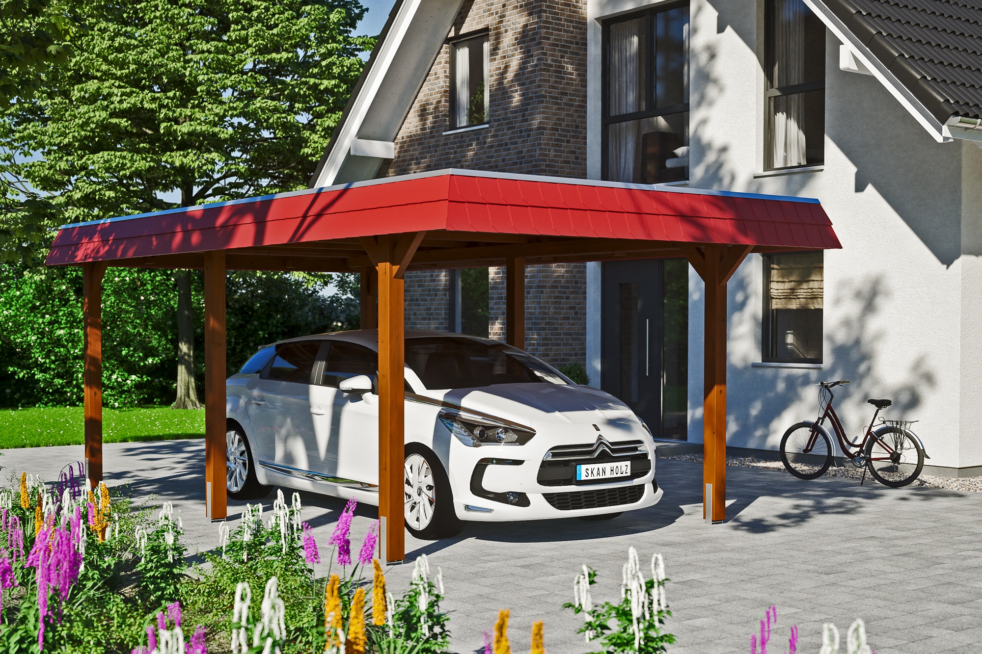 Skanholz Einzelcarport »Wendland«, Leimholz-Fichte, 291 cm, Nussbaum, mit Aluminiumdach, rote Blende