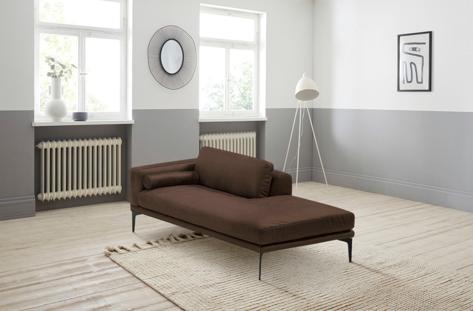 Egoitaliano Ottomane »Masu, Design trifft super Sitzkomfort, mit toller Detailverarbeitung«, Rückenkissen und Armteilrolle für mehr Komfort, mit Metallfüßen