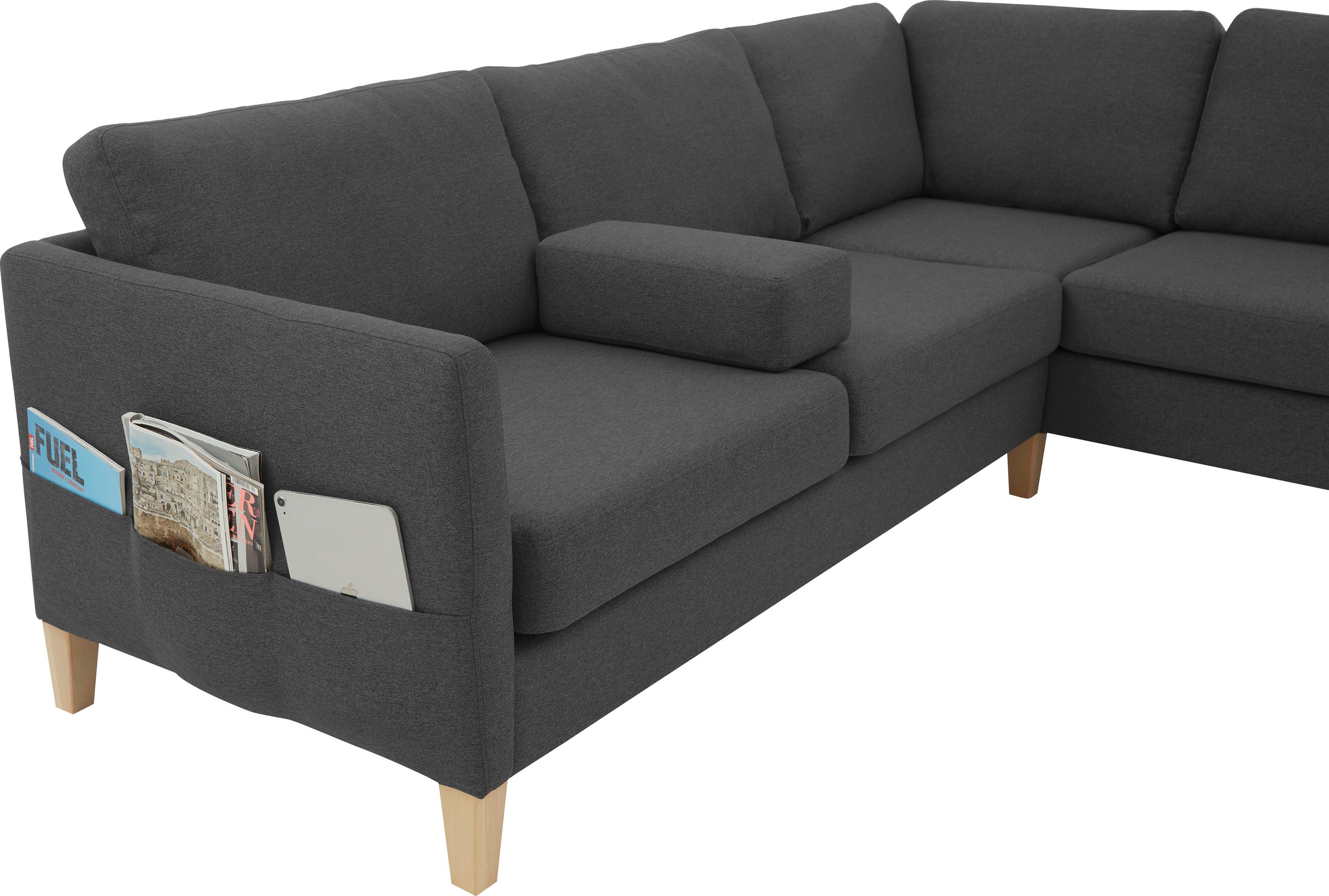 ATLANTIC home collection Ecksofa »Mailo L-Form«, mit Seitentaschen und Ottomane, mit Massivholzfüßen