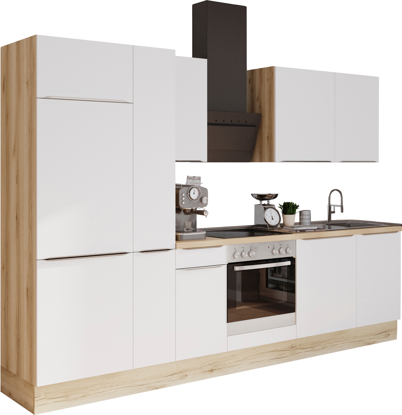 KOCHSTATION "KS-Aken" Breite 300 cm, wahlweise mit E-Geräten, mit Arbeitsplatte 38 mm stark