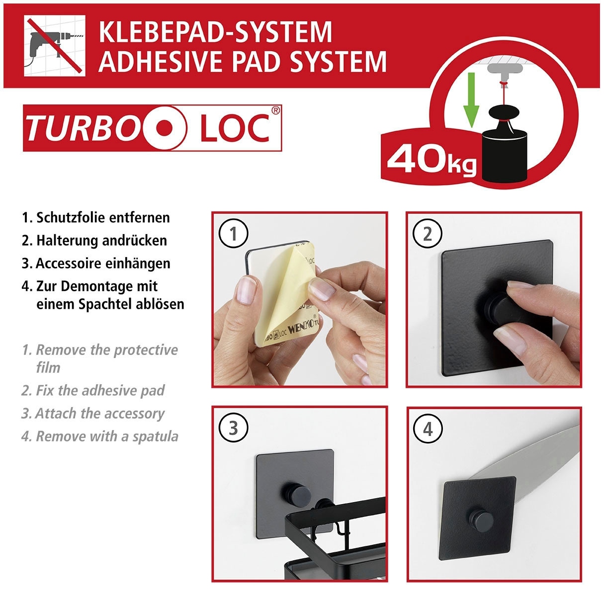 WENKO WC-Garnitur »Turbo-Loc® Carpino«, aus Kunststoff-Metall, schwarz, Befestigen ohne Bohren