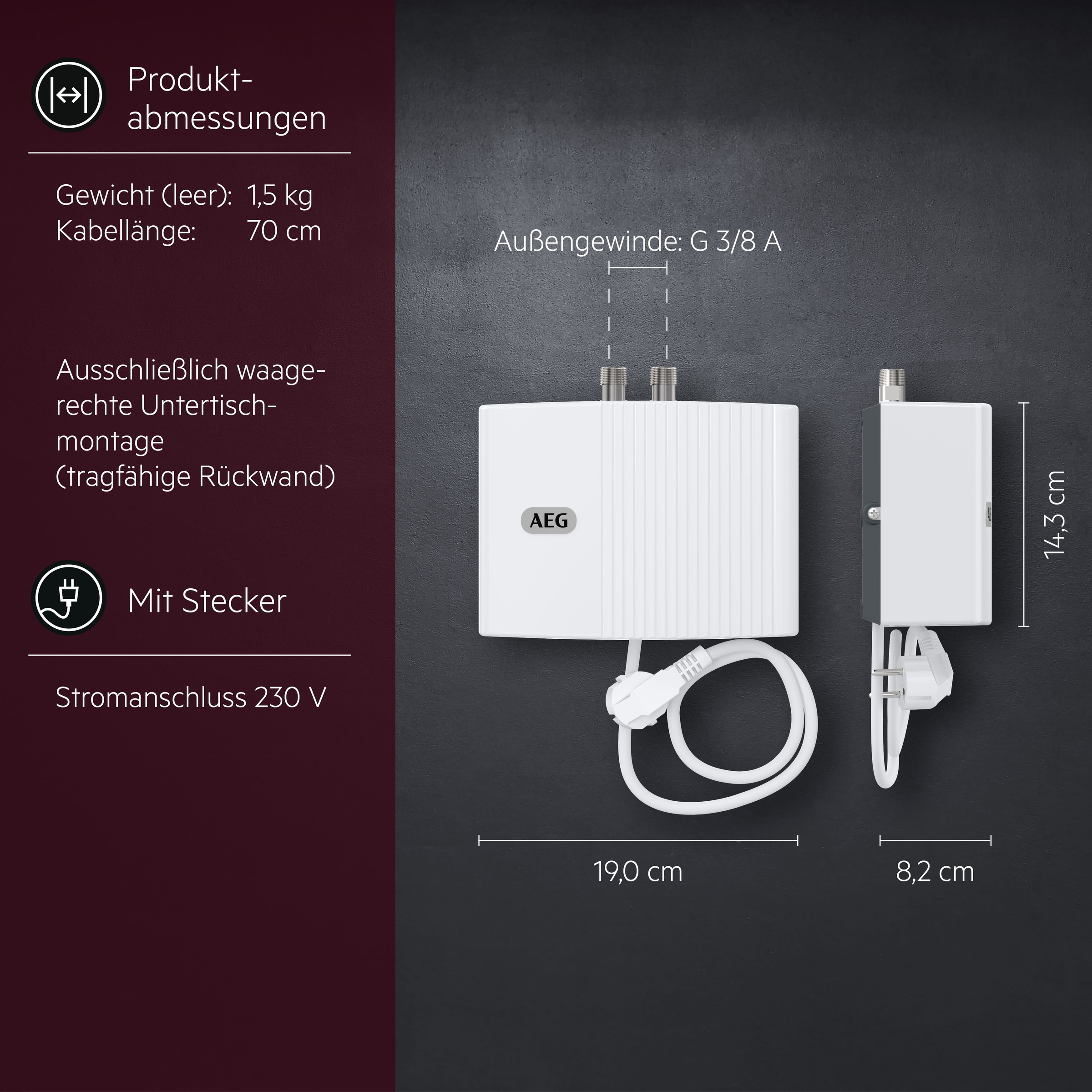 AEG Haustechnik Klein-Durchlauferhitzer »MTD 350 f. Handwaschbecken, 3,5 kW, m. Stecker« 230V, hydraulisch, drucklos