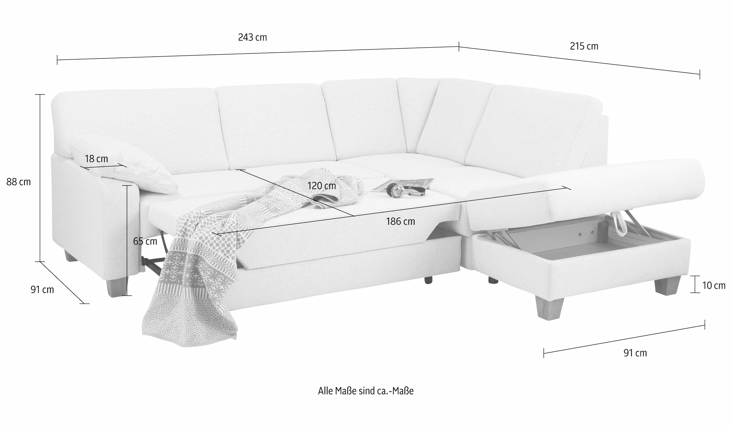 Home affaire Ecksofa »Belfort L-Form«, mit Federkern, wahlweise mit Bettfunktion und Stauraum