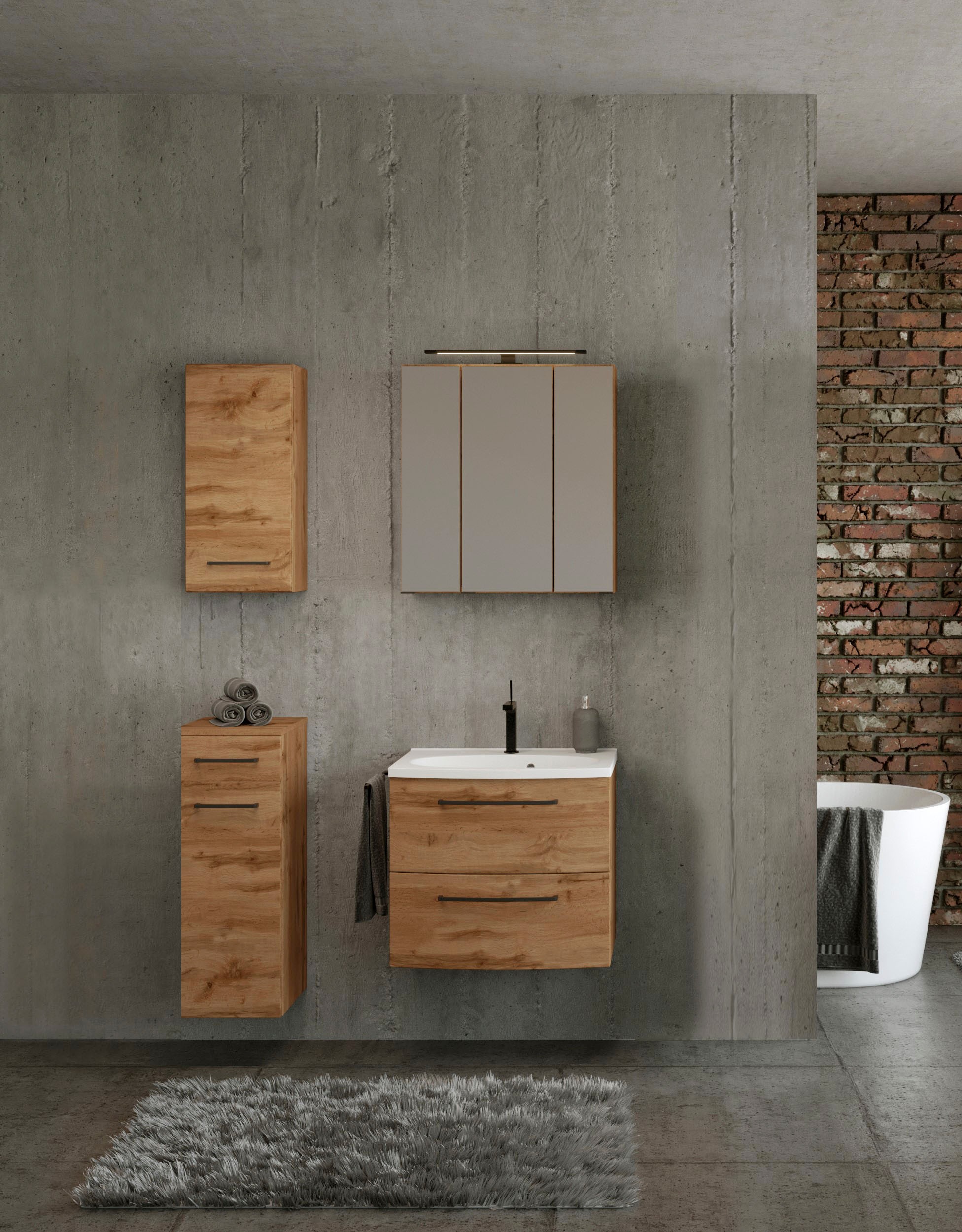 welltime Badmöbel-Set »Chicago«, (4 St., Spiegelschrank, Waschtisch, Hängeschrank, Unterschrank)