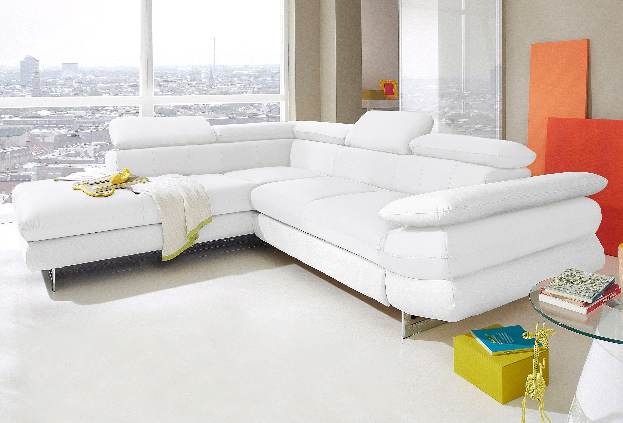 COTTA Ecksofa "Solution L-Form, Design Sofa, bequeme Wellenunterfederung, Design Fuß" mit Arm- & Kopfteilverstellung, wahlweise mit Schlaffunktion
