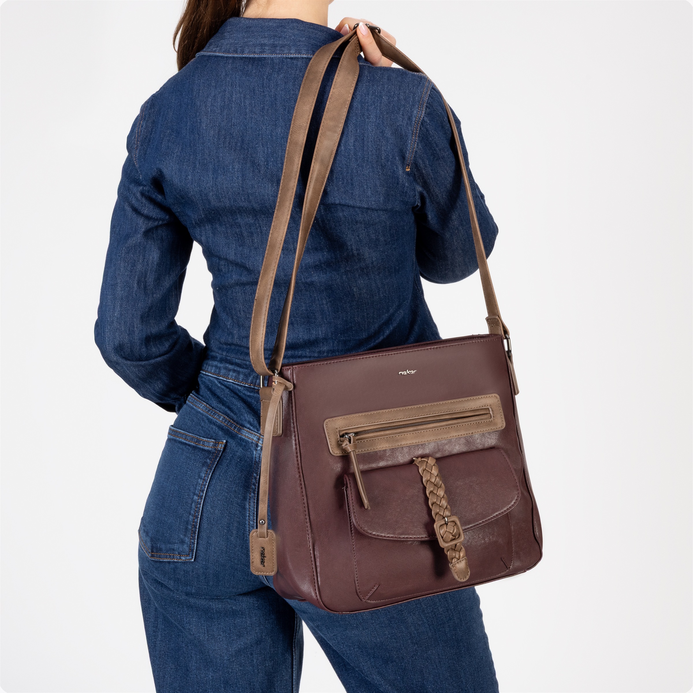 Rieker Umhängetasche Damen Schultertasche, Vortasche mit geflochtenem Riemchenverschluss