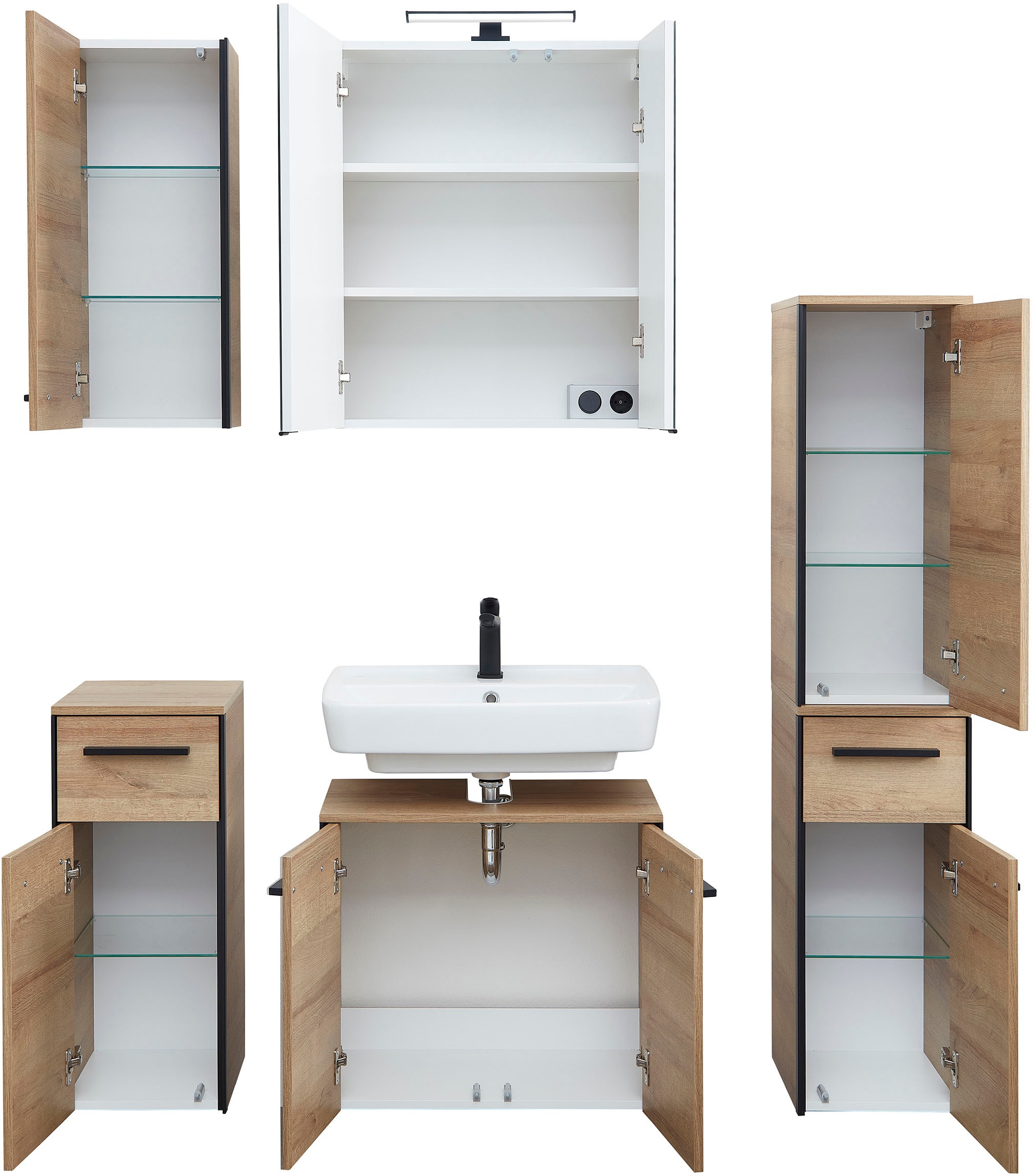 Saphir Badmöbel-Set »Quickset 395 5-teilig, Waschbeckenunterschrank mit LED-Spiegelschrank«, (6 St.), Unterschrank, Hängeschrank, Midischrank, inkl. Türdämpfer, 7 Türen