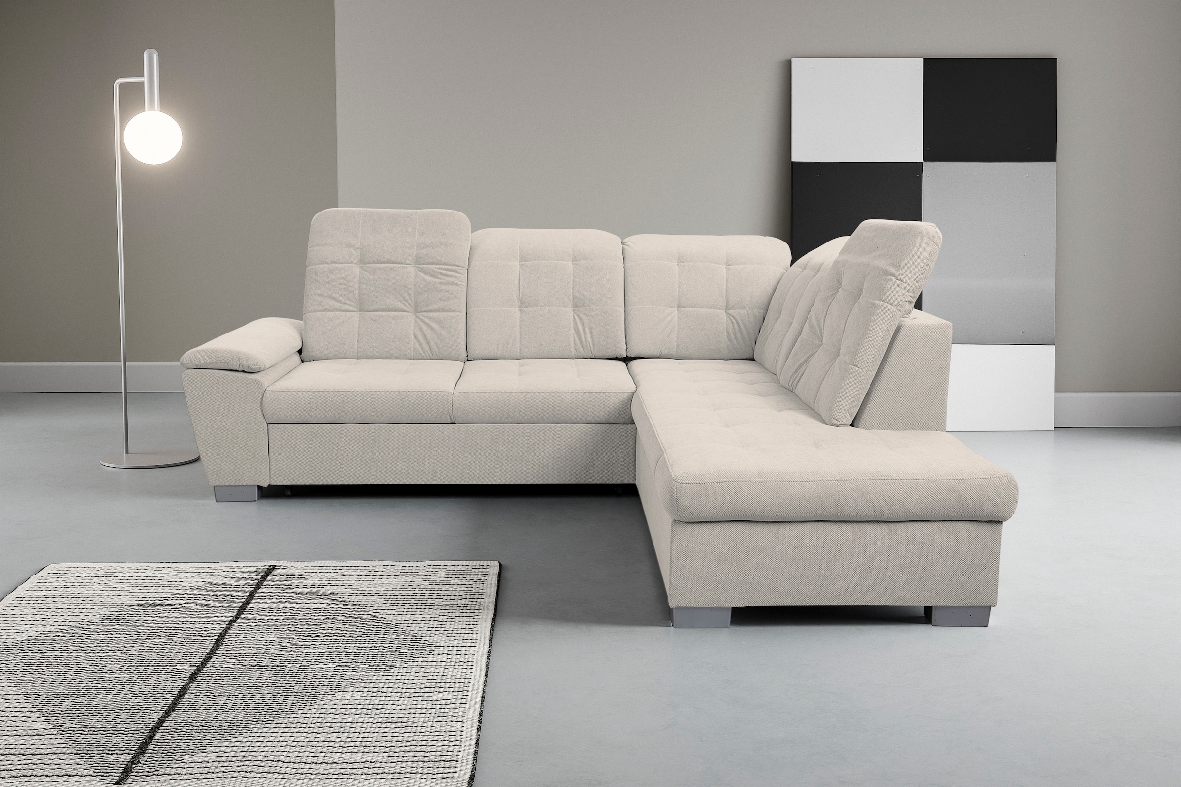 WERK2 Ecksofa "Bonny 265 x 215 cm inkl. Kopfteilverstellung modern und bequem" Webstoff, L-Form, Schlaffunktion, Bettkasten