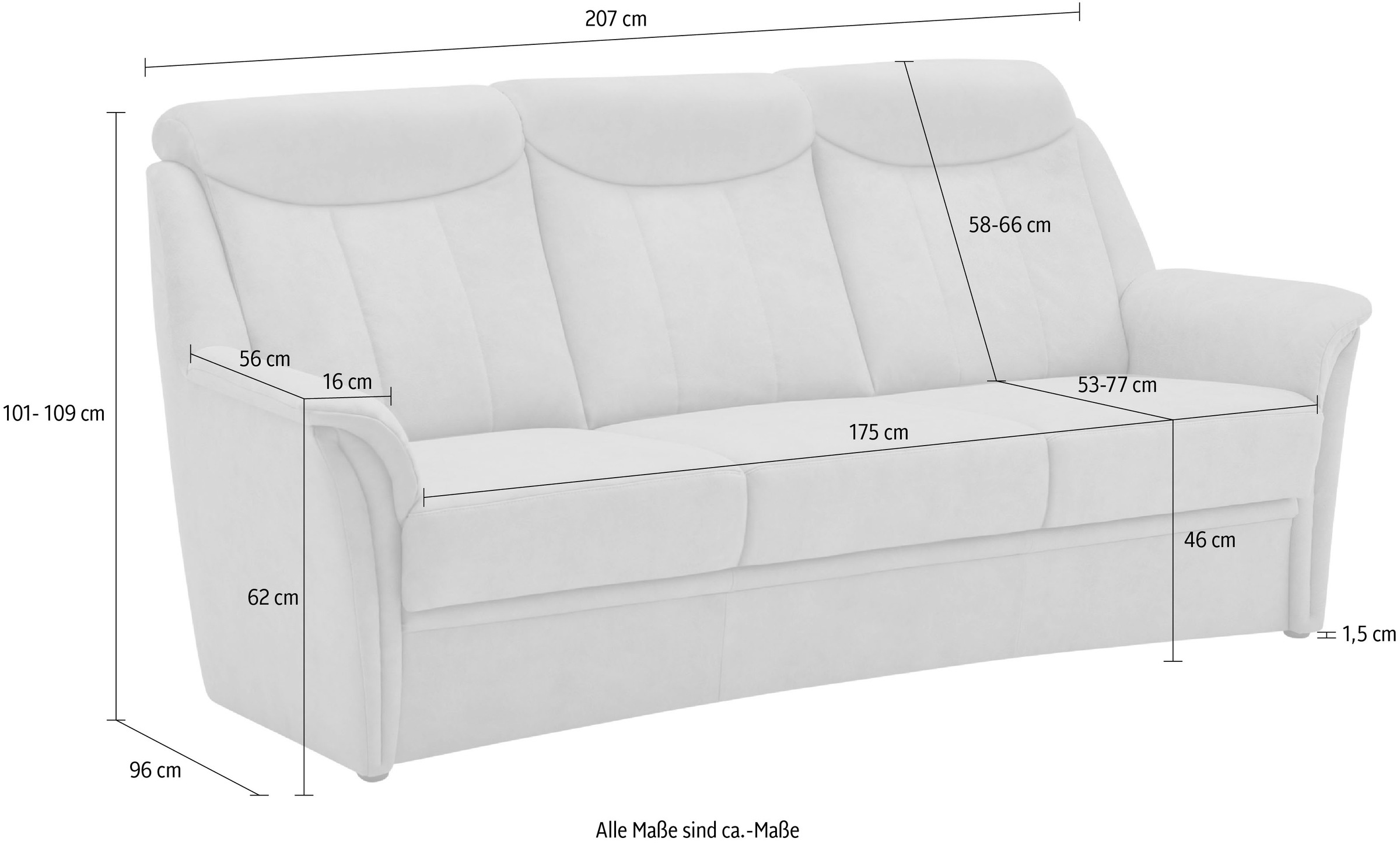 VILLA BECK 3-Sitzer »Lugano«, (1 St.), inklusive Kopfteilverstellung, in Sitzhöhe 46 cm